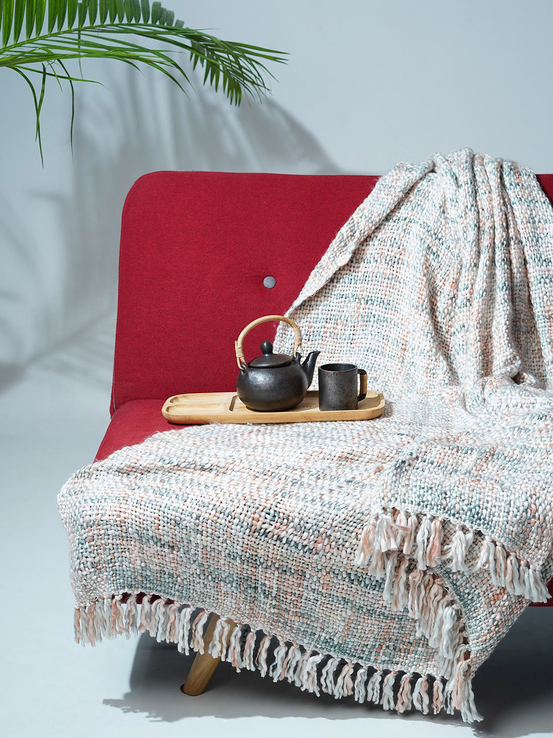 Folkstorys Pink & Blue Handmade Salmon Sofa Throw