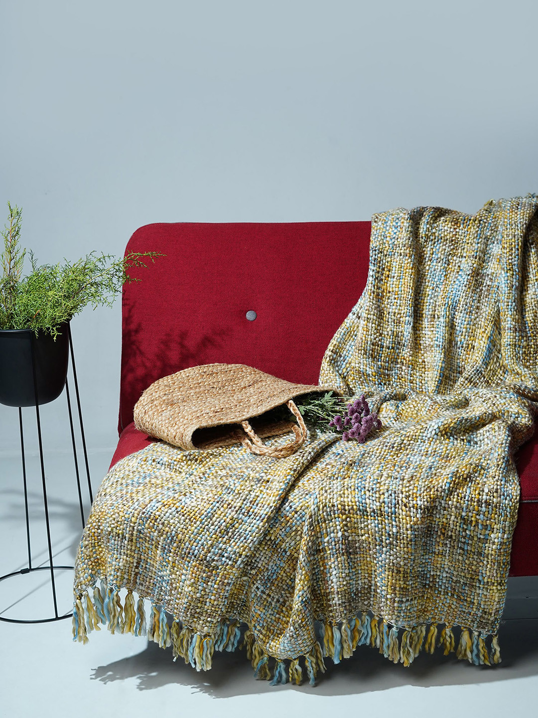 Folkstorys Yellow & Blue Handmade Fresh Mint Sofa Throw