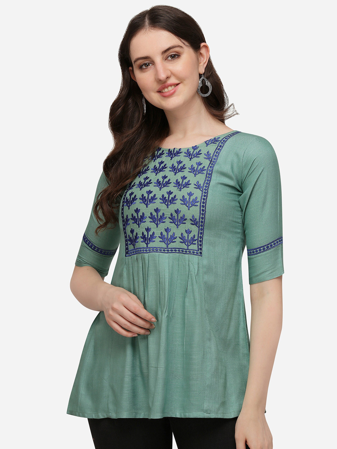 RAJGRANTH Turquoise Blue Floral Embroidered Kurti