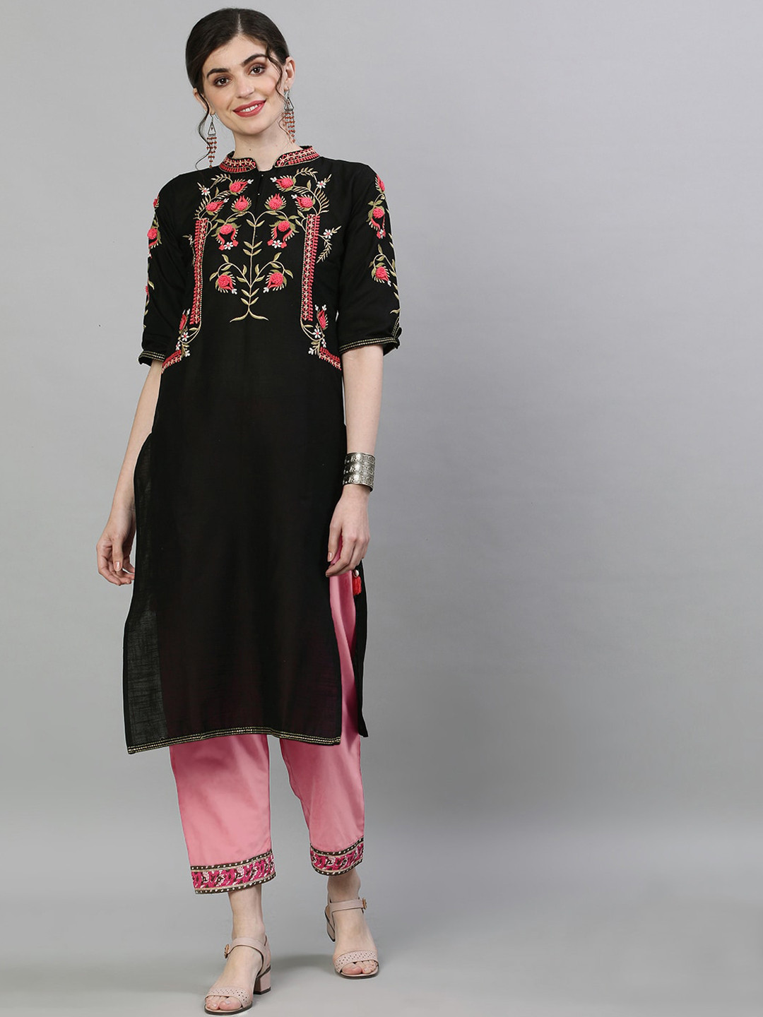 Ishin Women Black & Pink Ethnic Motifs Embroidered Floral Kurta