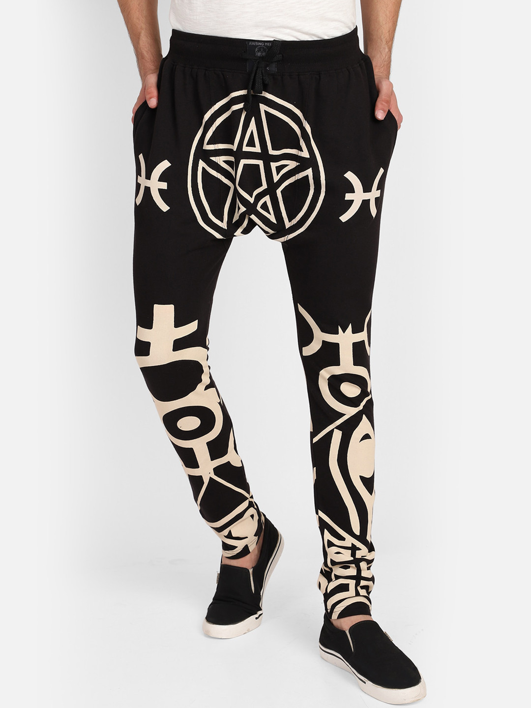 PUNK Men Black & Cream-Coloured Printed Cotton Relaxed-Fit Track Pants