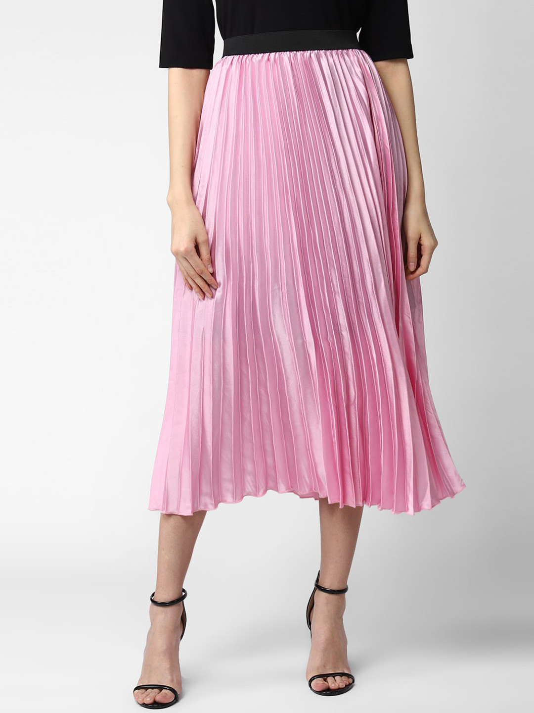 StyleStone Women Pink Solid Accordion Pleated Flared Midi Satin Skirt