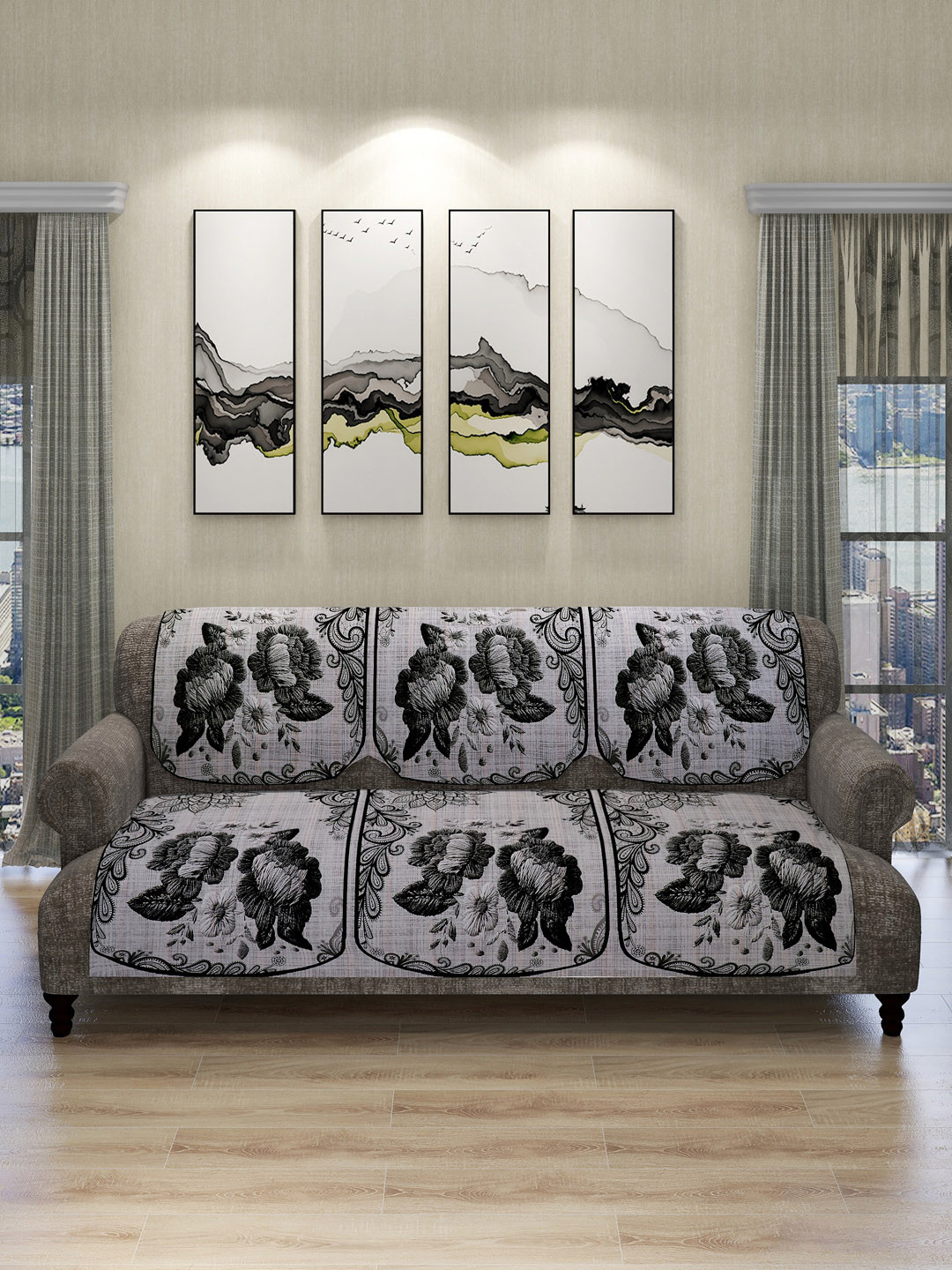 ROMEE 6 Pieces Off White & Grey Printed 5-Seater Sofa Covers