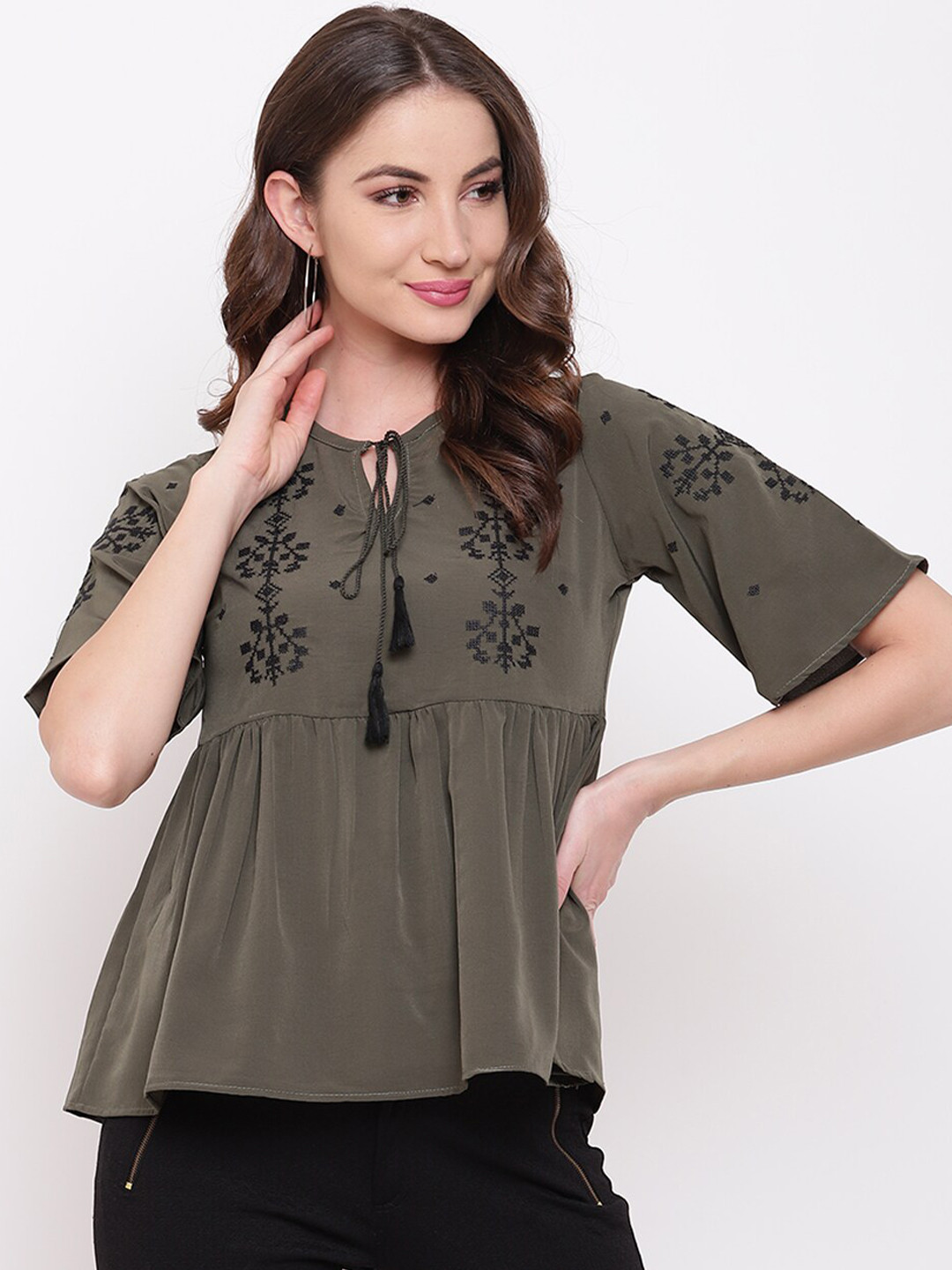 Mayra Olive Green Tie-Up Neck A-Line Top