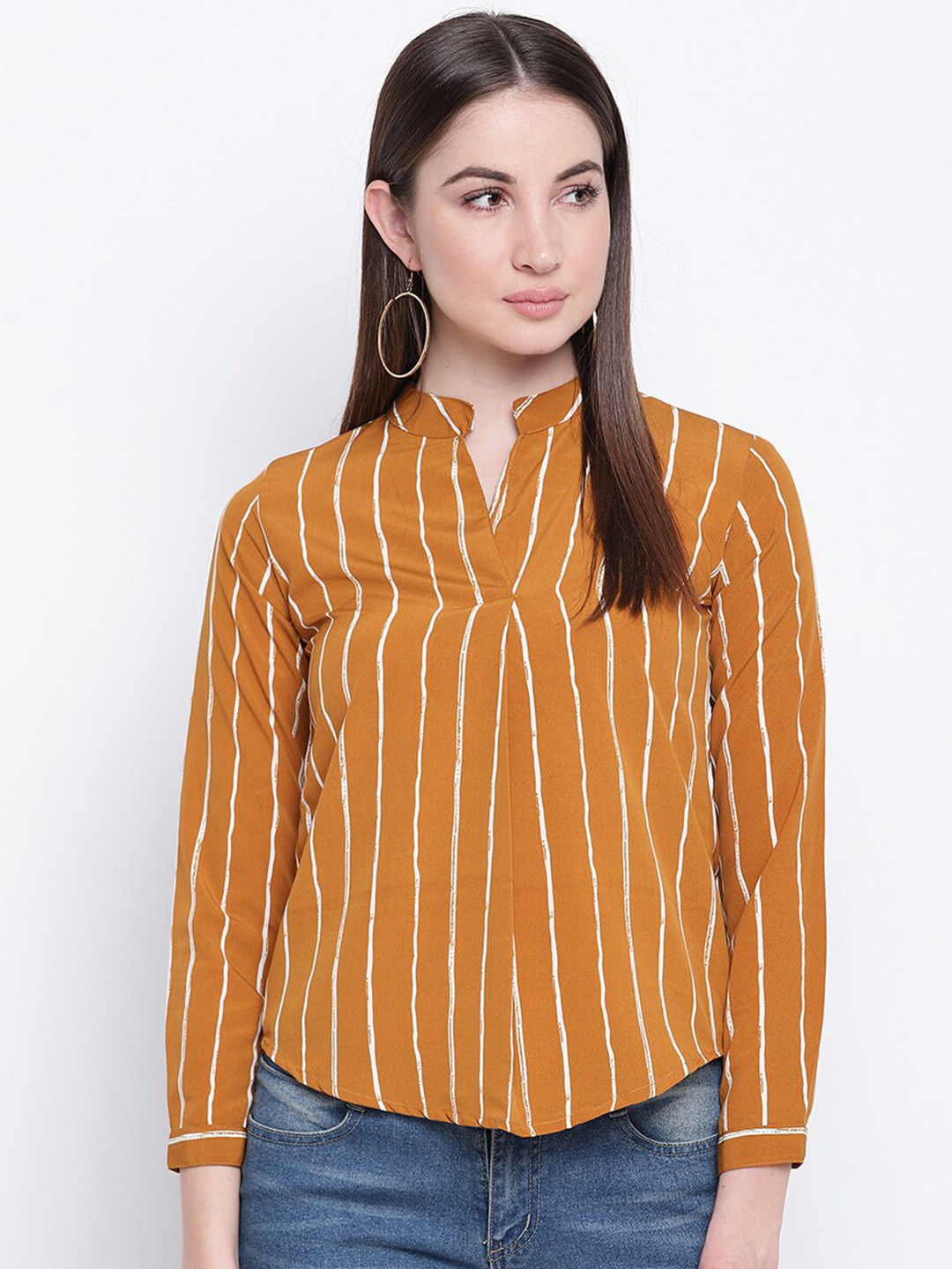Mayra Mustard Yellow & Off White Striped Mandarin Collar A-Line Top
