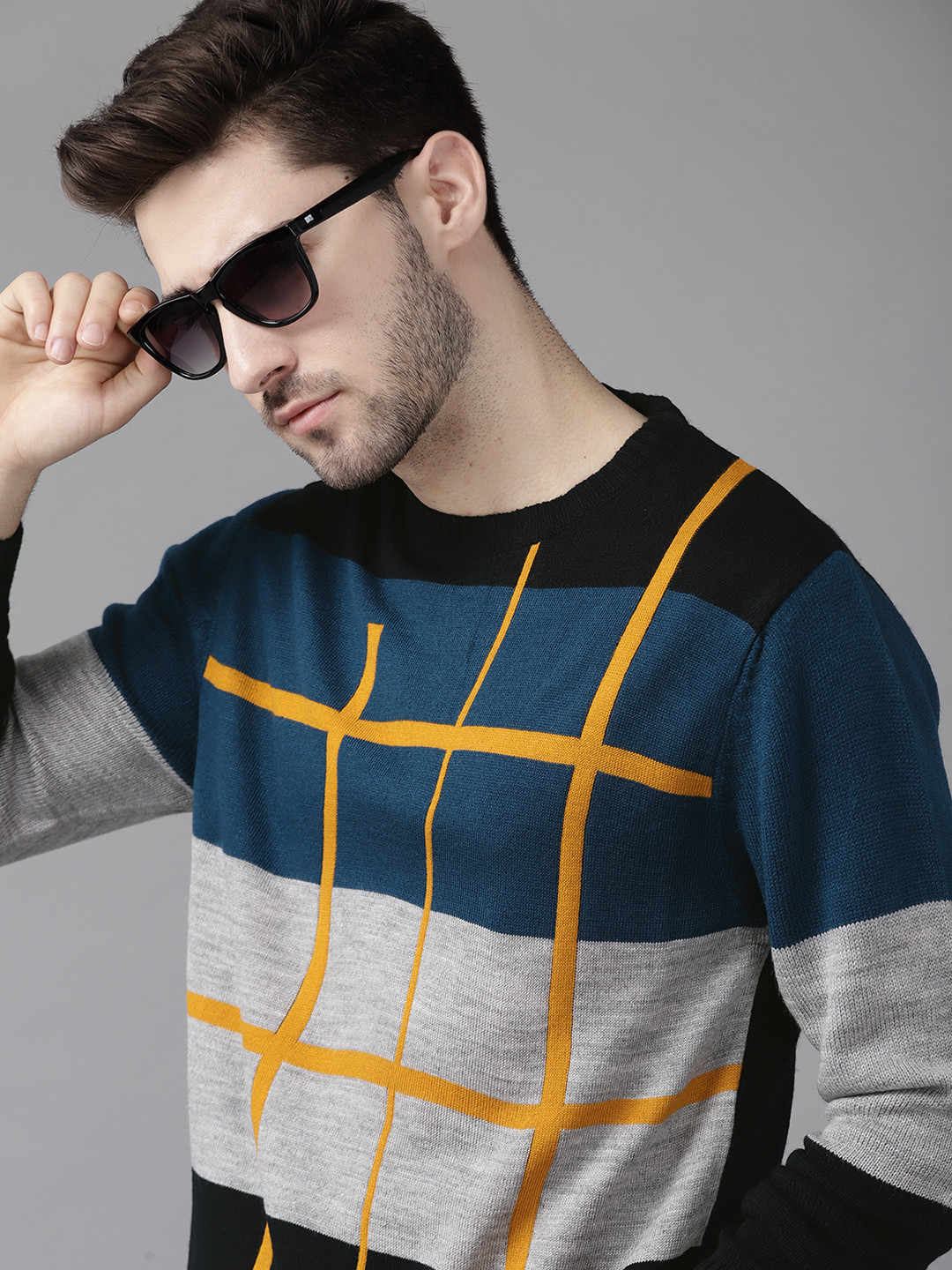 The Roadster Lifestyle Co Men Teal & Grey Colourblocked Pullover swaeter