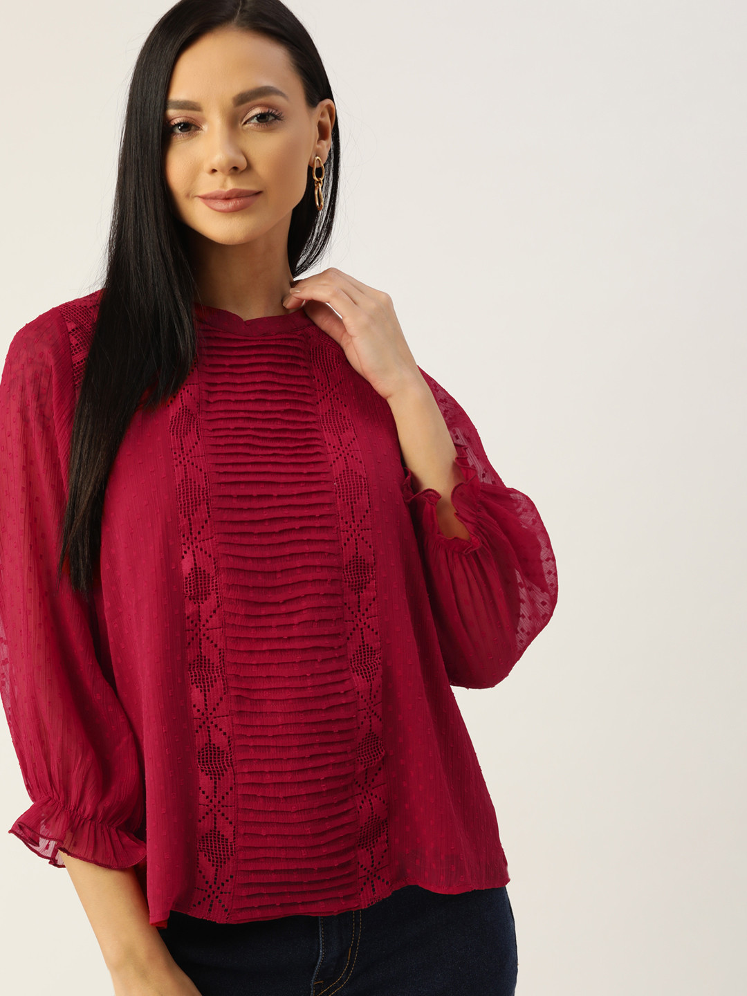 Antheaa Red Dobby Weave Puff Sleeves Net Top