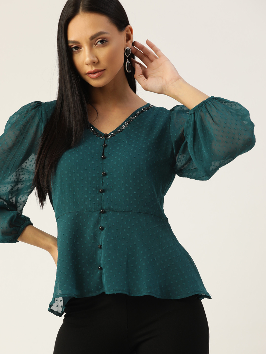 Antheaa Teal Green Dobby Weave Puff Sleeves Net A-Line Top