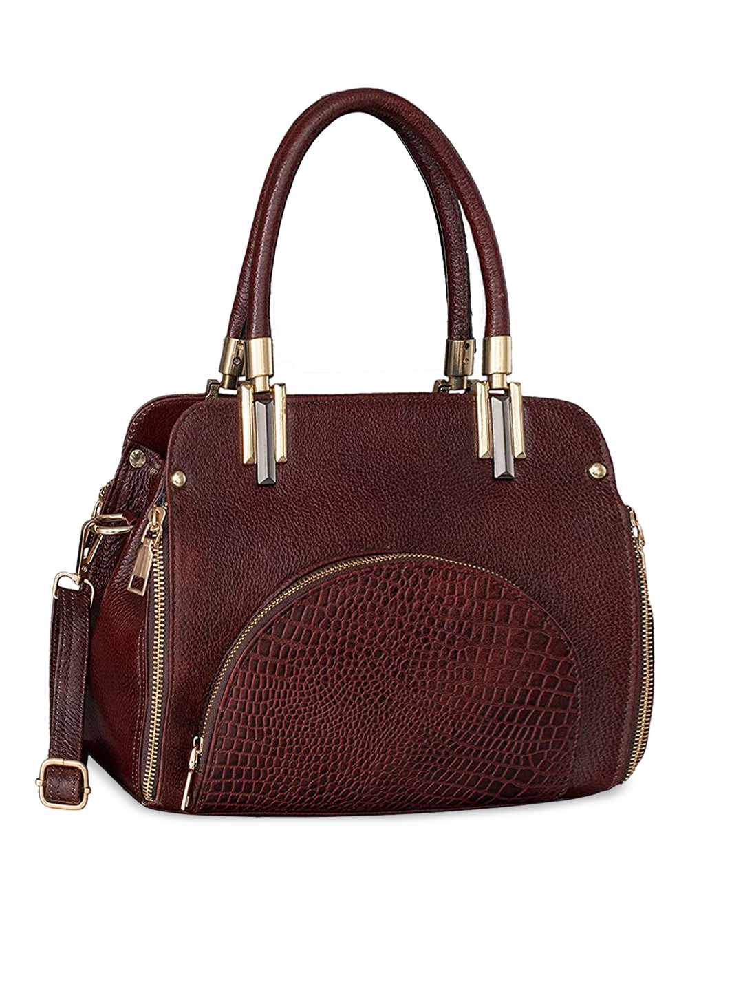HiLEDER Brown Textured Leather Structured Handheld Bag