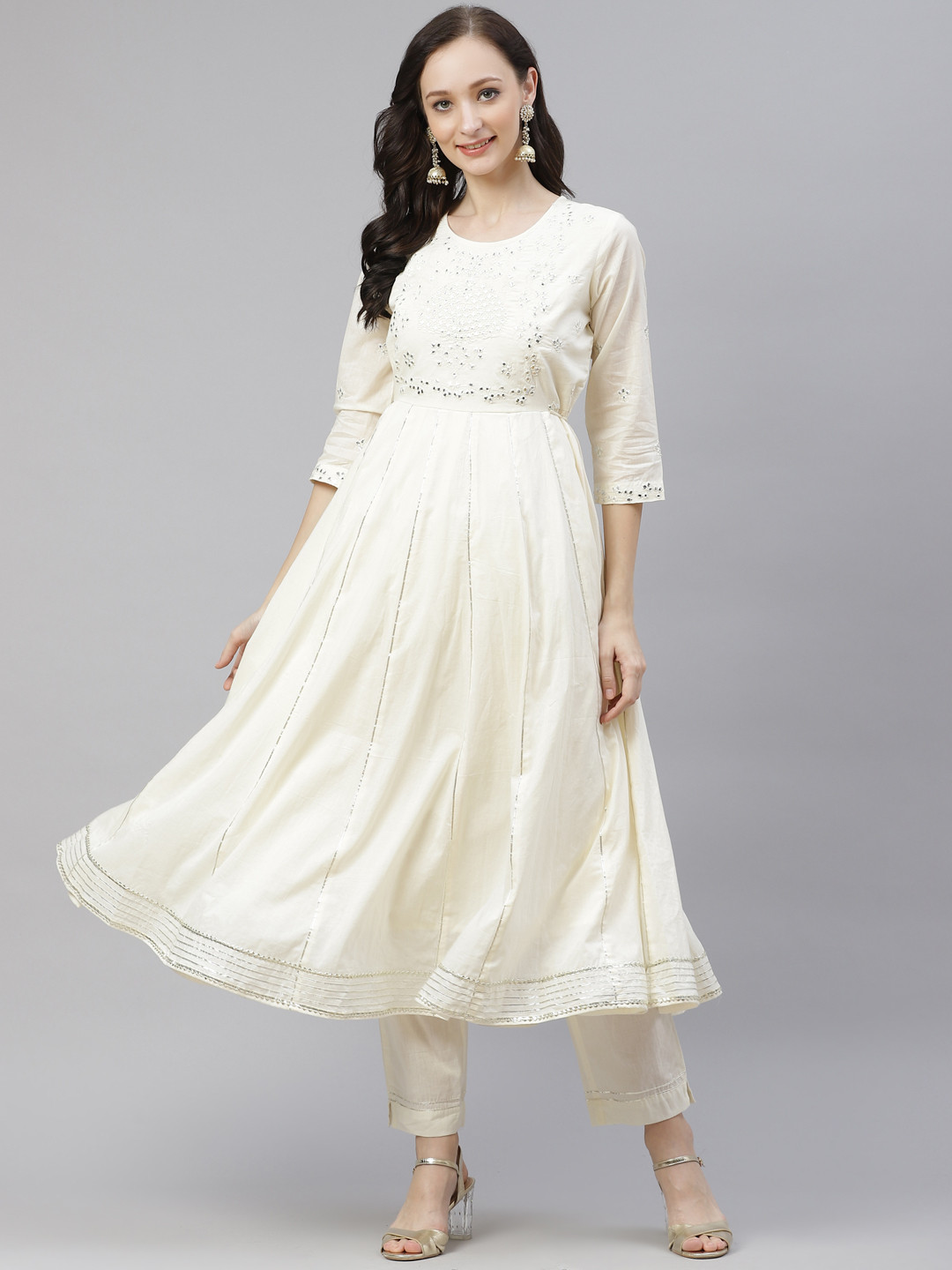 Divena Women Off White Regular Mirror Work Pure Cotton Anarkali Kurti with Trousers