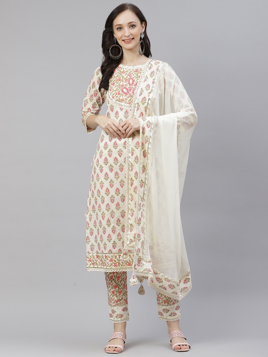 Divena Women Cream-Coloured Floral Thread Work Cotton Kurta with Palazzos & Dupatta