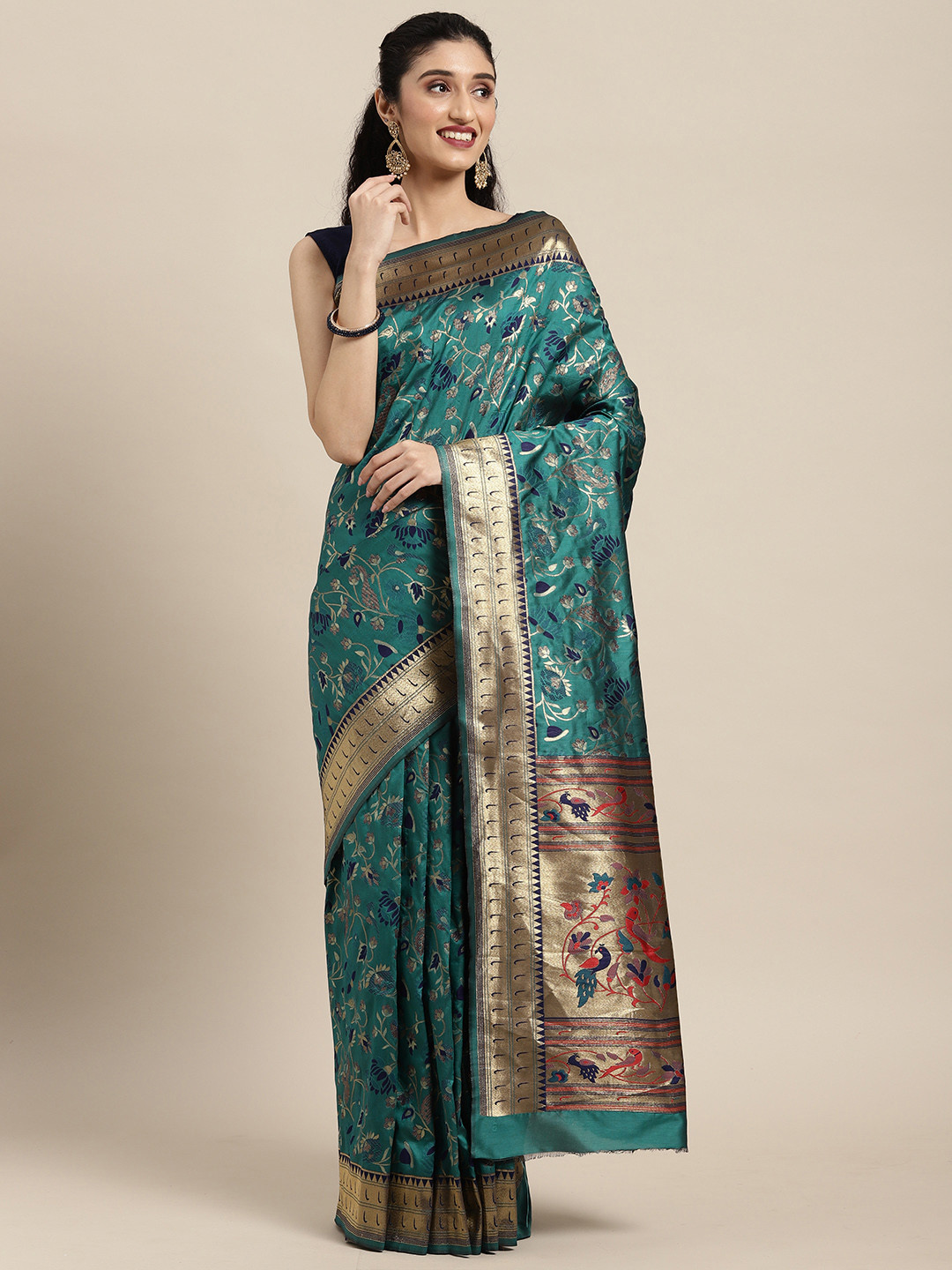 Mitera Green Floral Zari Silk Blend Paithani Saree