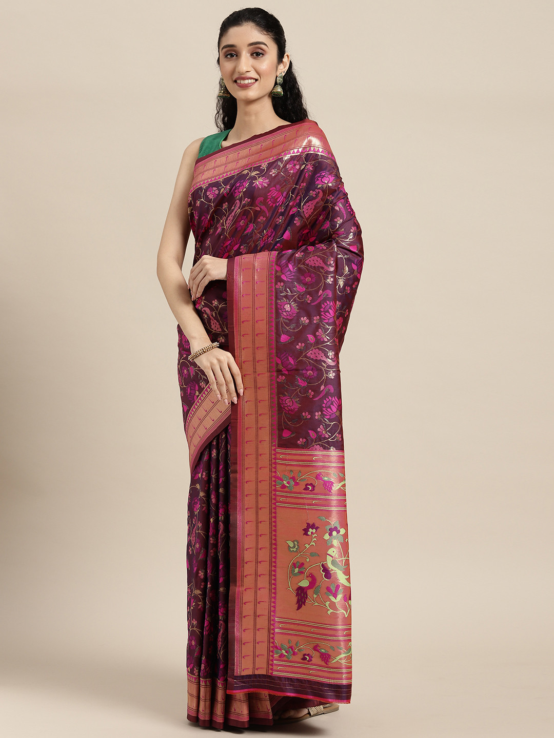 Mitera Purple Floral Zari Silk Blend Paithani Saree