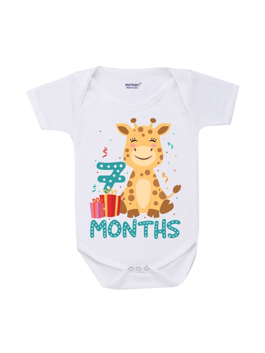 KNITROOT Infant Kids White & Blue 7 Months Gift Box Printed Cotton Bodysuit