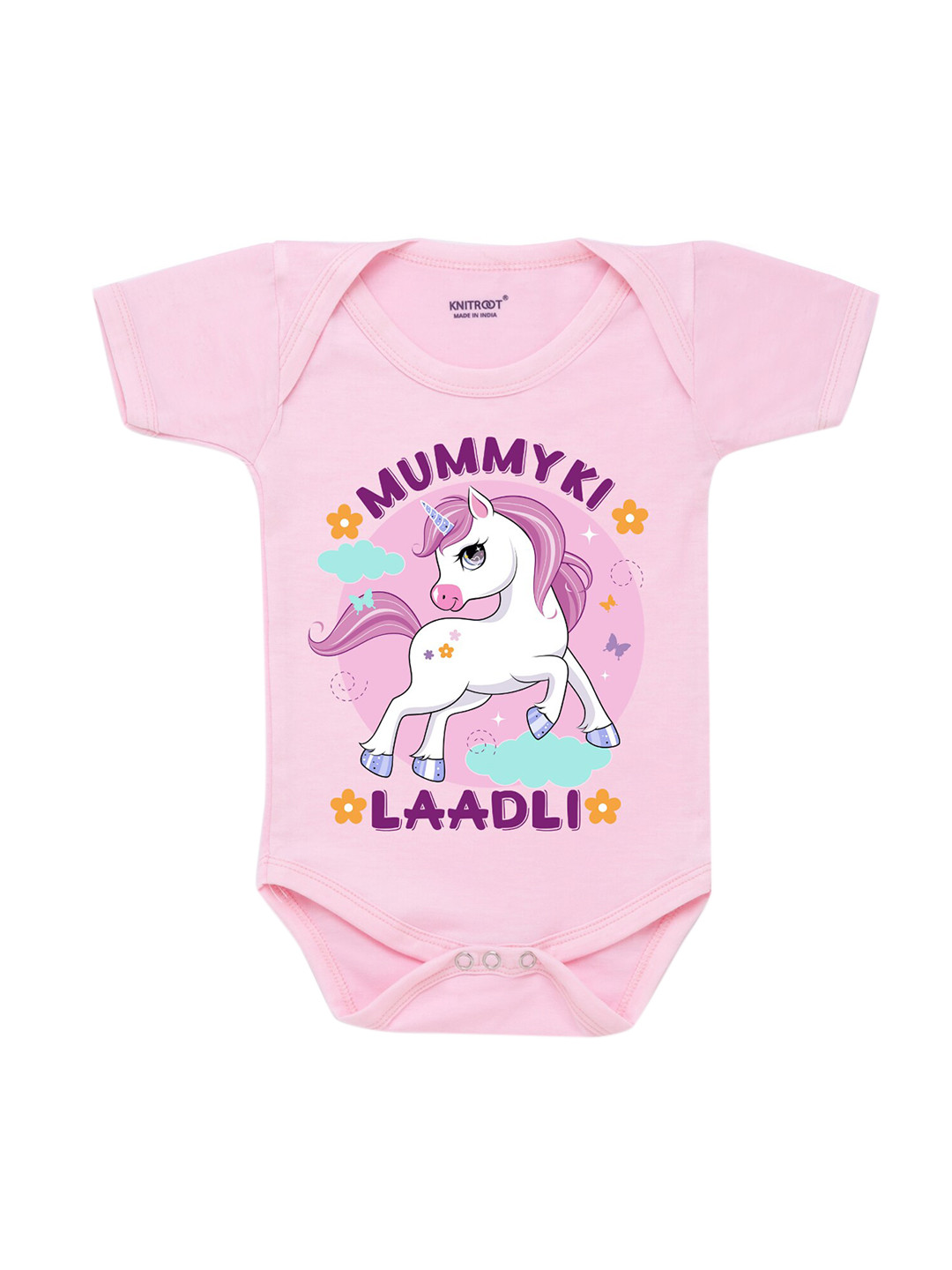 KNITROOT Infant Kids Pink Unicorn Printed Cotton Bodysuit