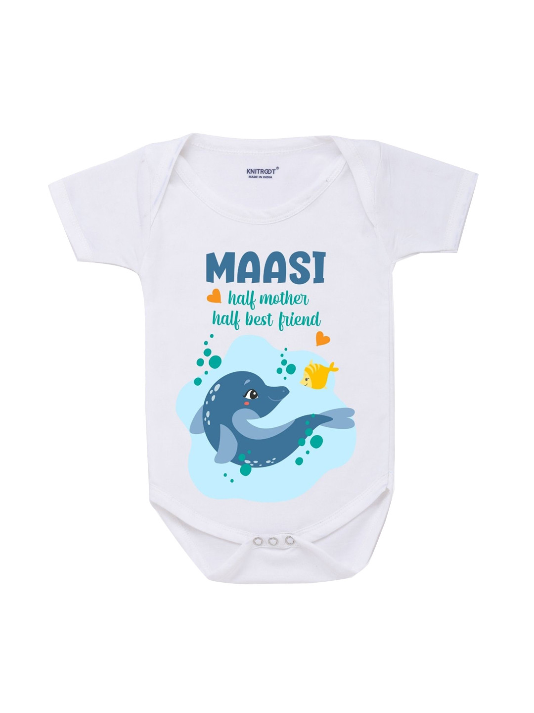 KNITROOT Infant Kids White & Blue Half Best Friend Printed Cotton Bodysuit