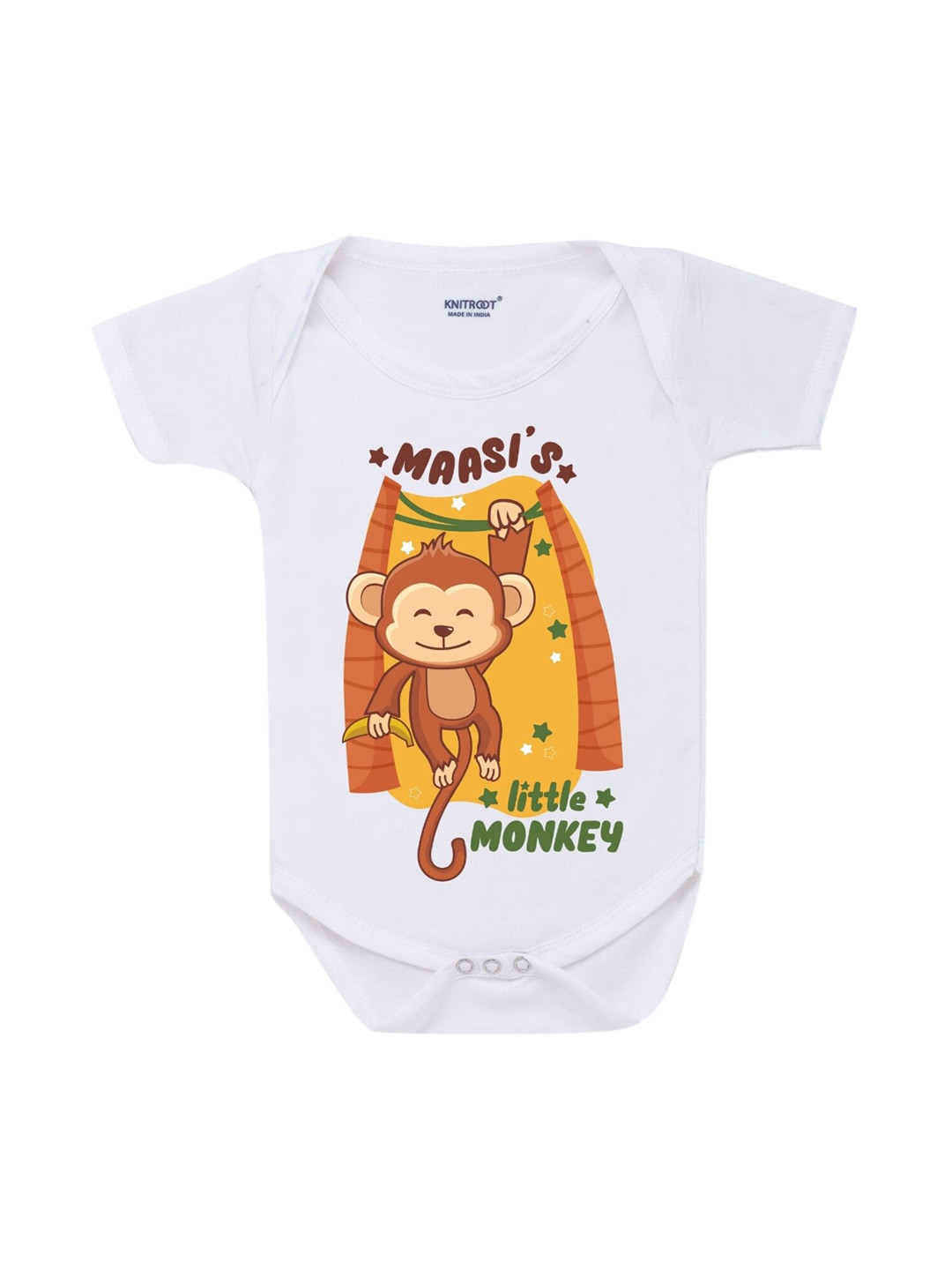 KNITROOT Infant Kids White & Yellow Little Monkey Printed Cotton Bodysuit