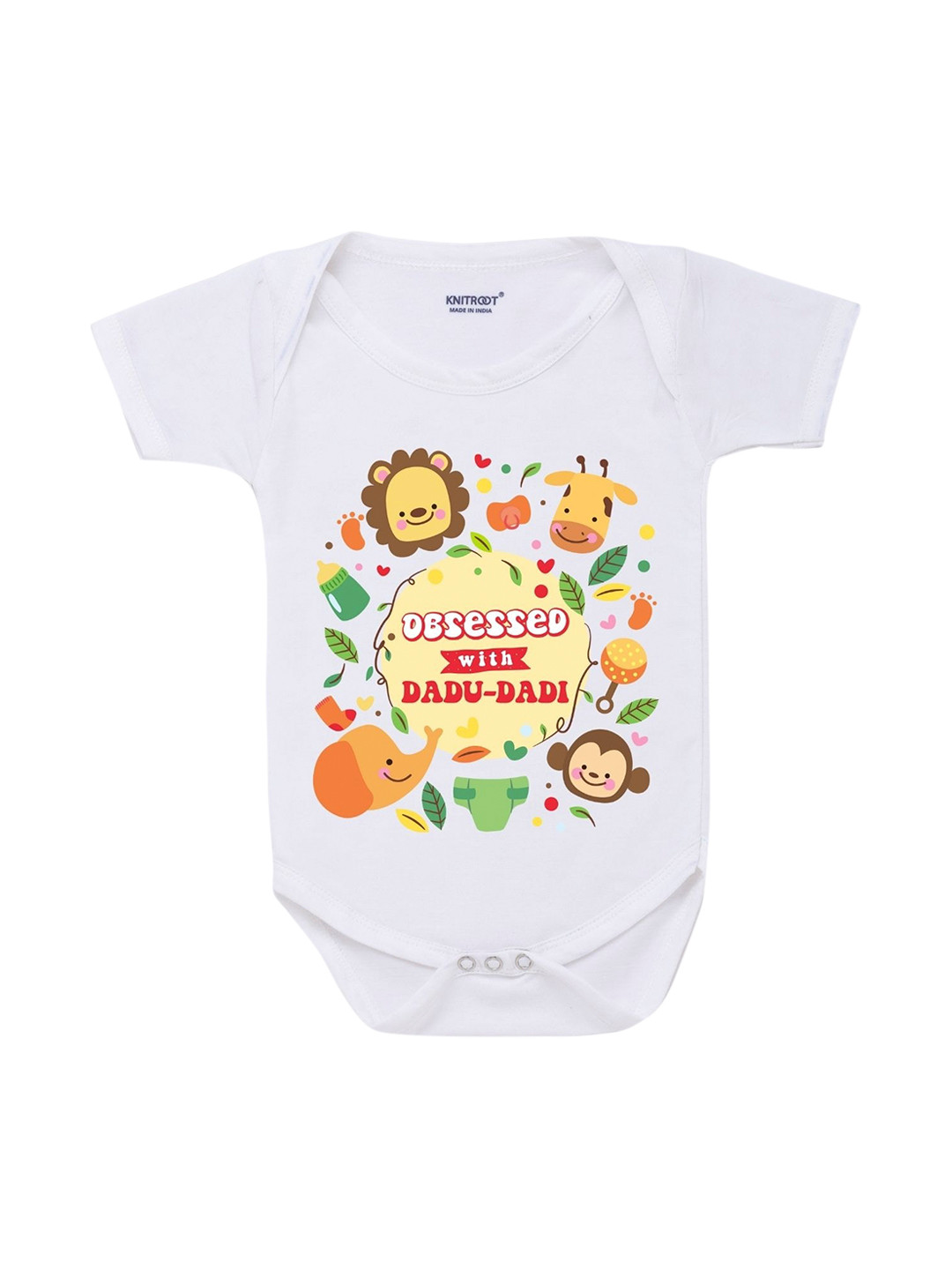 KNITROOT Infant Kids White & Yellow Blessed Dadu Printed Cotton Bodysuit