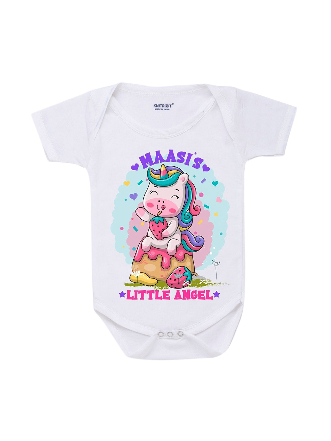 KNITROOT Infant Kids White & Pink Maasi Little Angel Printed Cotton Bodysuit