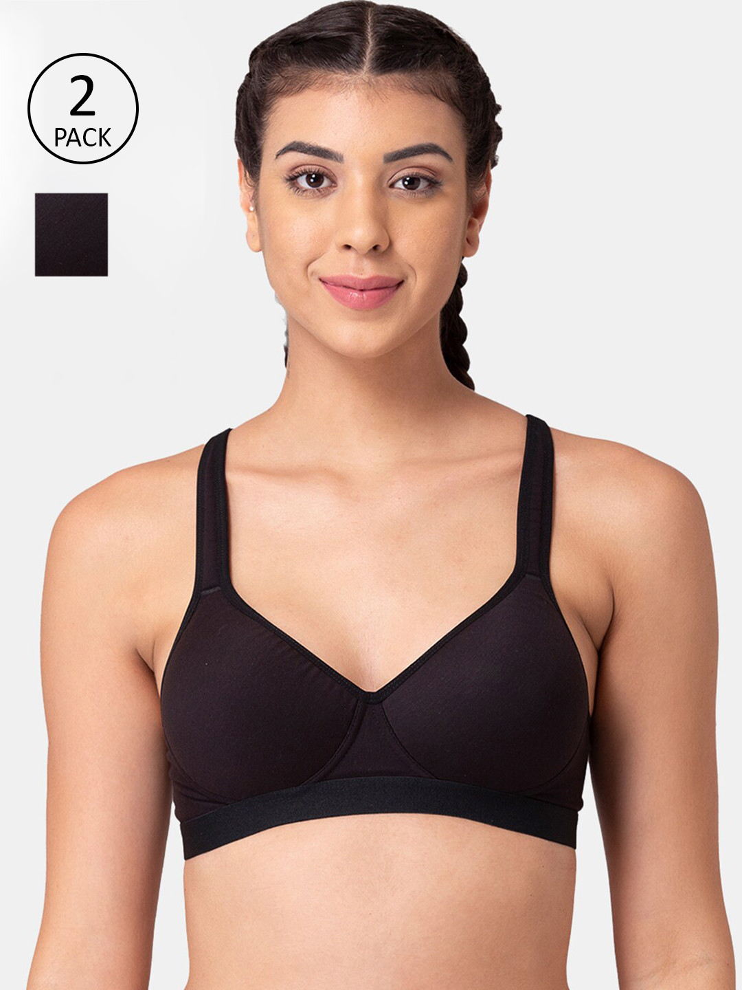 Tweens Pack of 2 Black Solid Non Wired Full Coverage T-shirt Bras TLW-405-2PC-BLK-Black