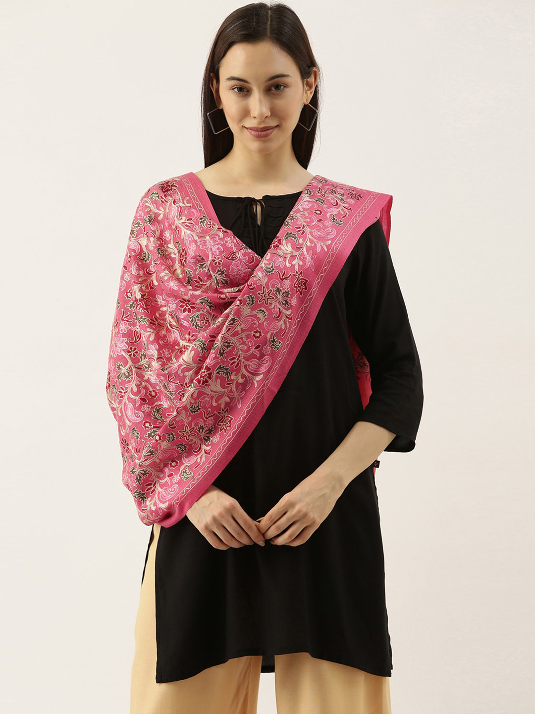 Pashmoda Women Pink & Beige Floral Embroidered Woollen Shawl