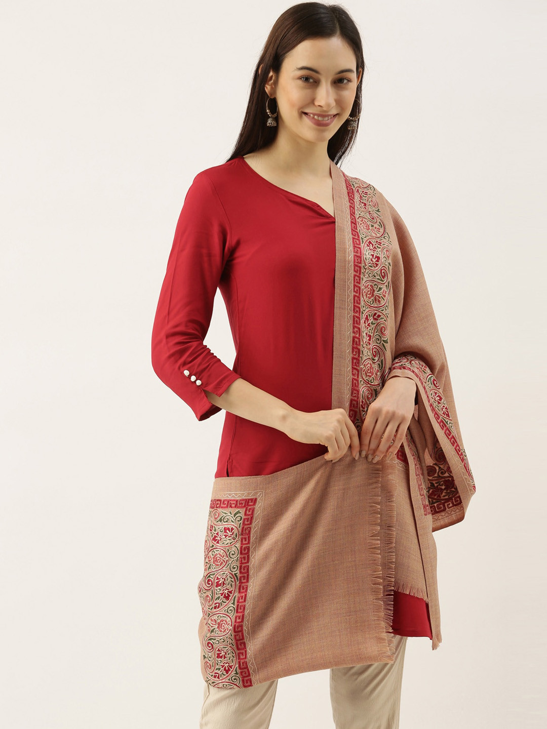 Pashmoda Women Beige & Red Embroidered Pure Wool Shawl