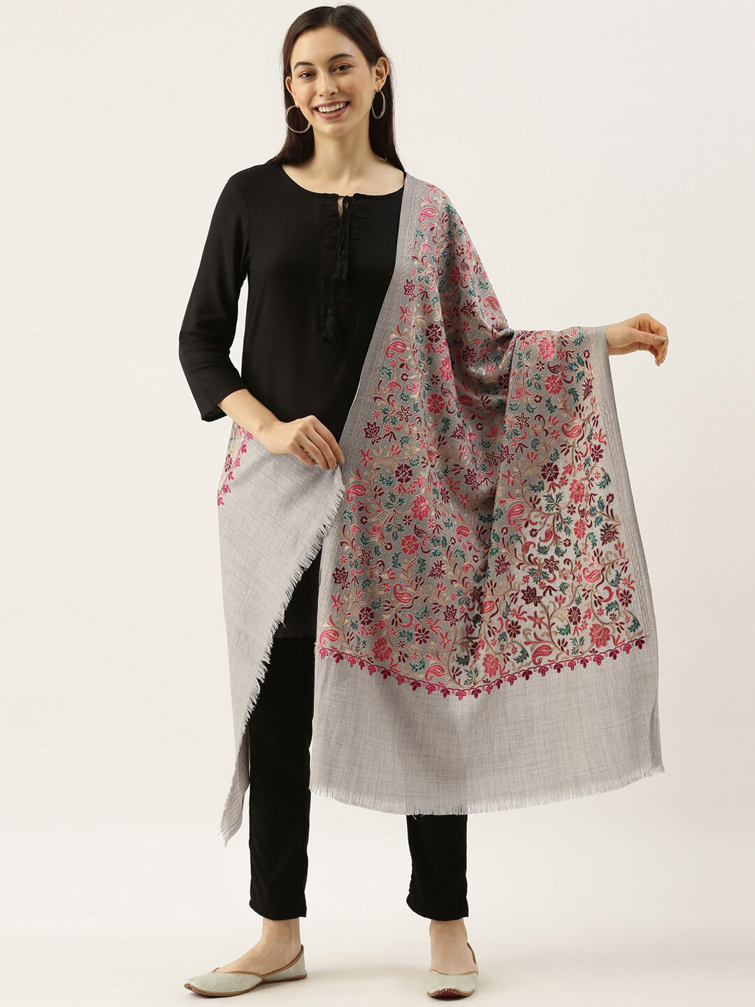 Pashmoda Women Grey & Green Embroidered Pure Wool Shawl