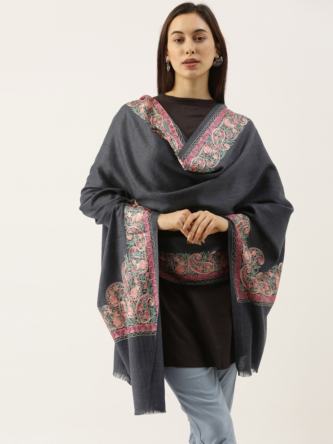Pashmoda Women Navy-Blue & Pink Embroidered Pure Wool Shawl
