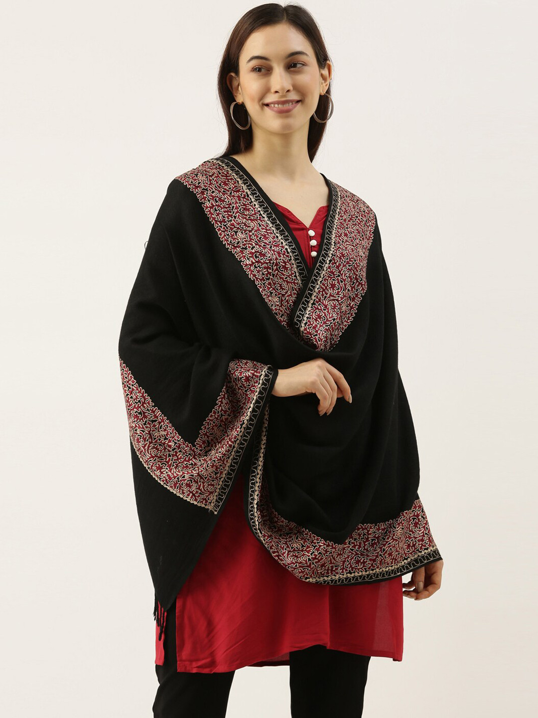 Pashmoda Women Black & Red Embroidered Pure Wool Shawl
