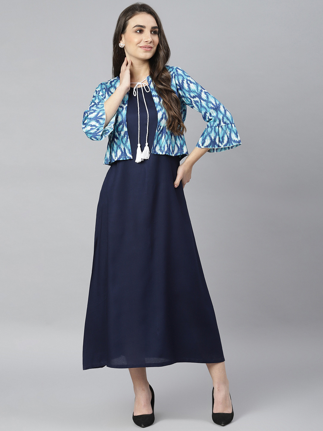 DEEBACO Navy Blue Cotton Tie-Up Neck A-Line Maxi Dress With Printed Shrug