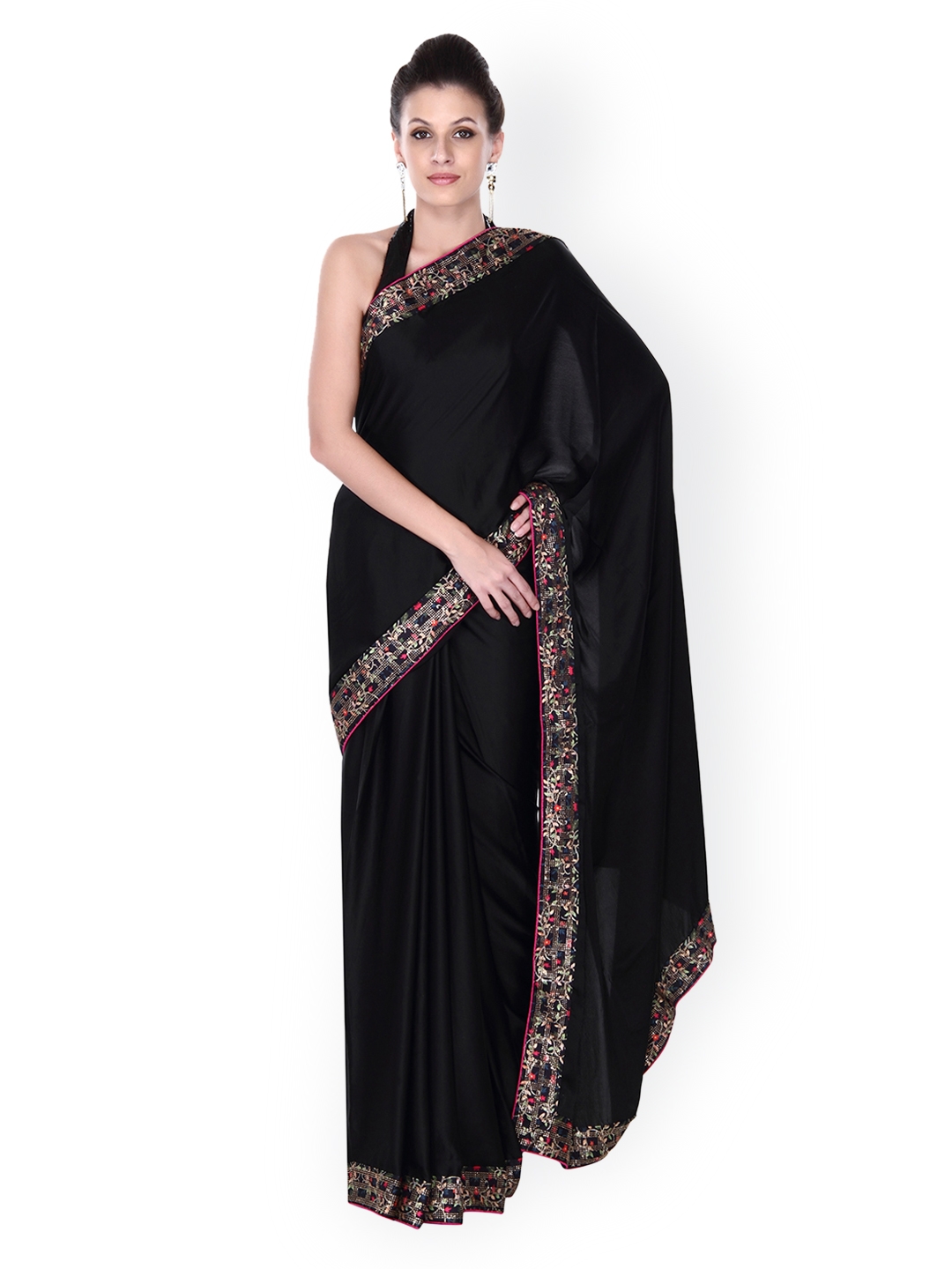 Ink Black Saree Embellished In Sequins With Ready Stitched Pleats – Roop's  Couture