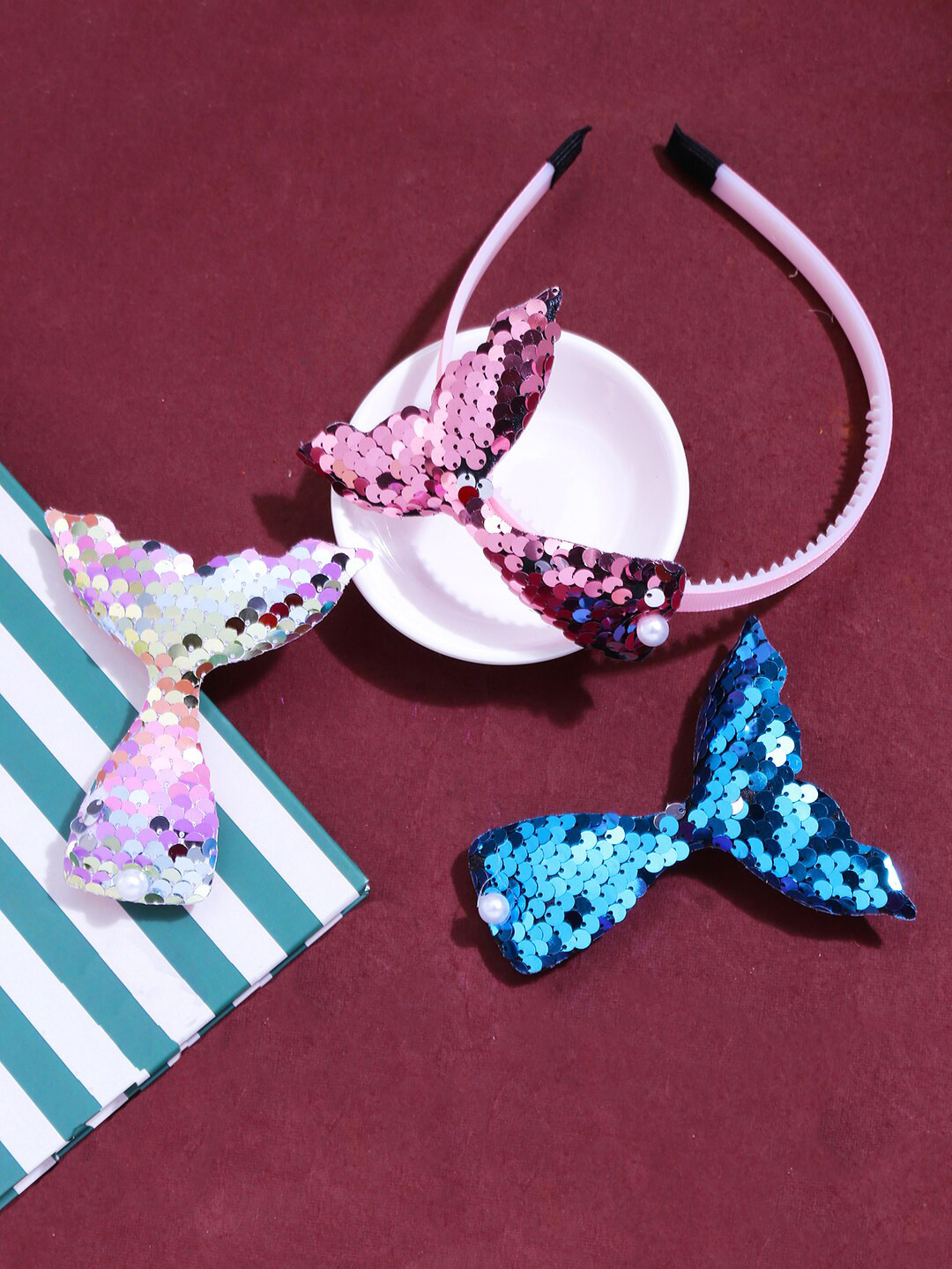 Yellow Chimes Girls Set of 3 Embellished Mermaid Hair Accessory Set