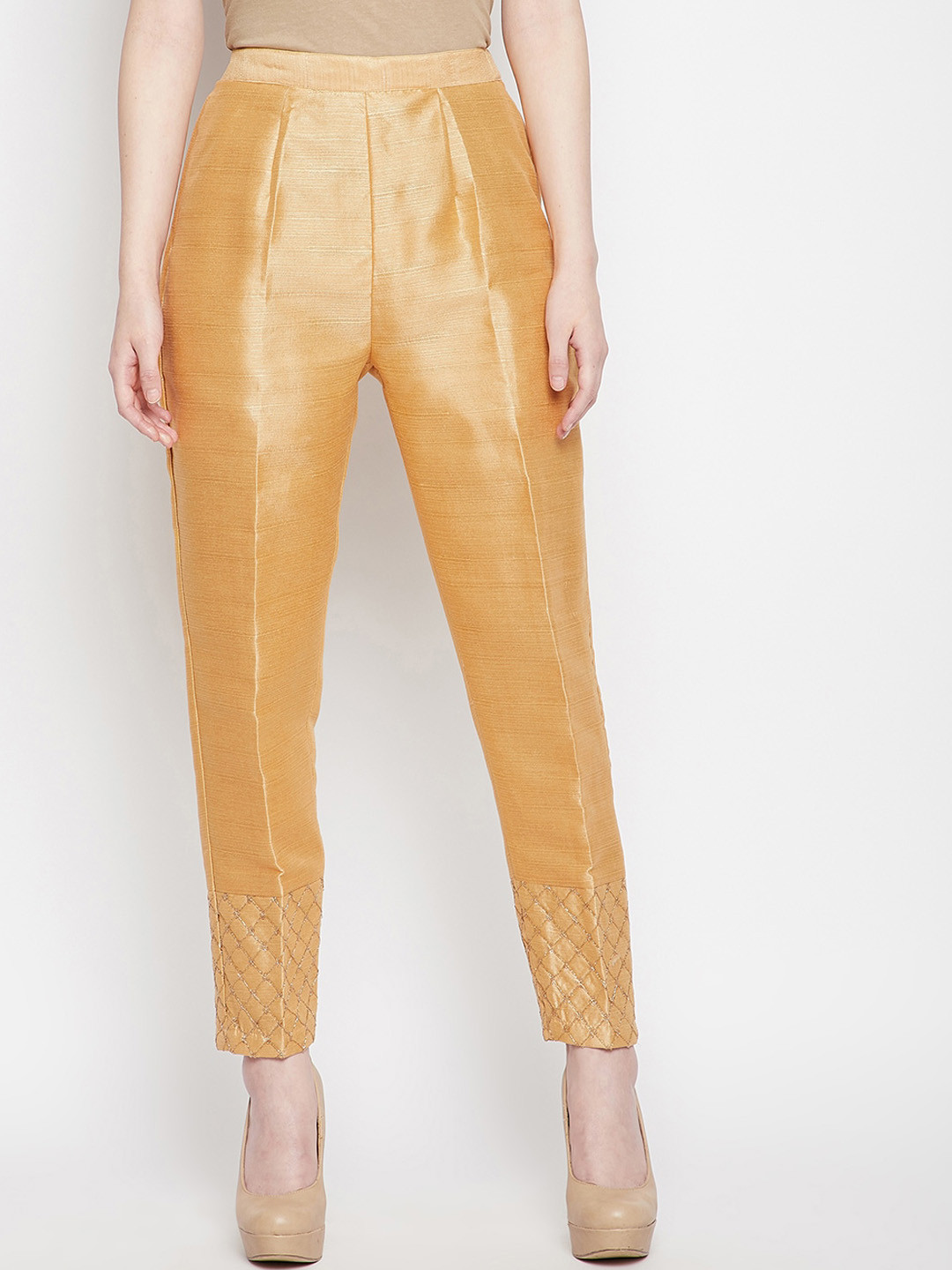 Clora Creation Women Beige Easy Wash Pleated Trousers