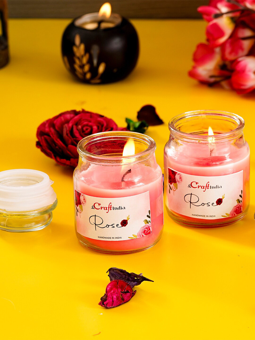 eCraftIndia Set Of 2 Pink Rose Scented Jar Candles
