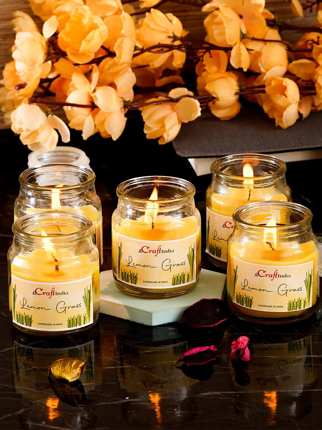 eCraftIndia 5Pcs Scented 1 Wick Lemon Grass Solid Geometric Regular Jar Candles