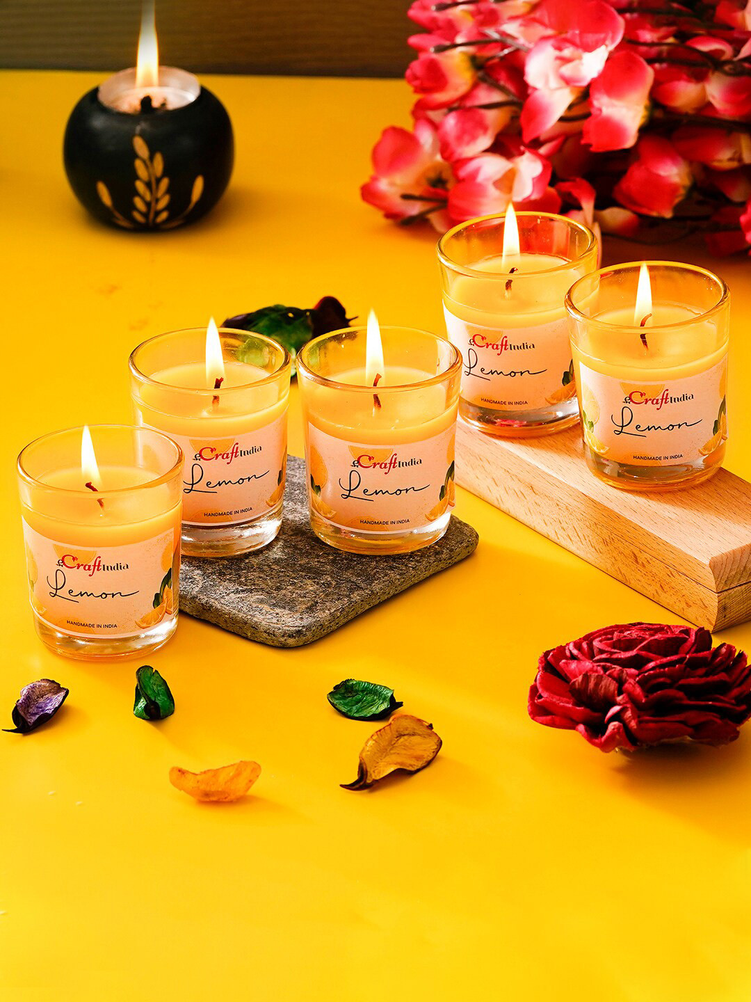 eCraftIndia 5Pcs Scented 1 Wick Lemon Solid Geometric Regular Jar Candles
