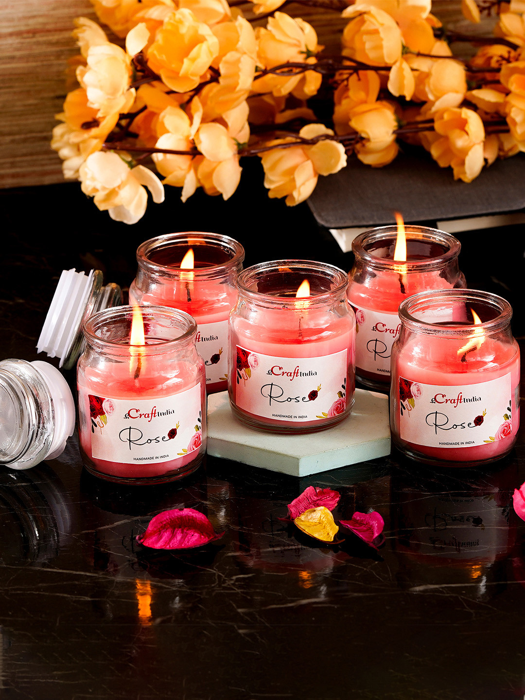 eCraftIndia Set Of 5 Pink Rose Scented Jar Candle