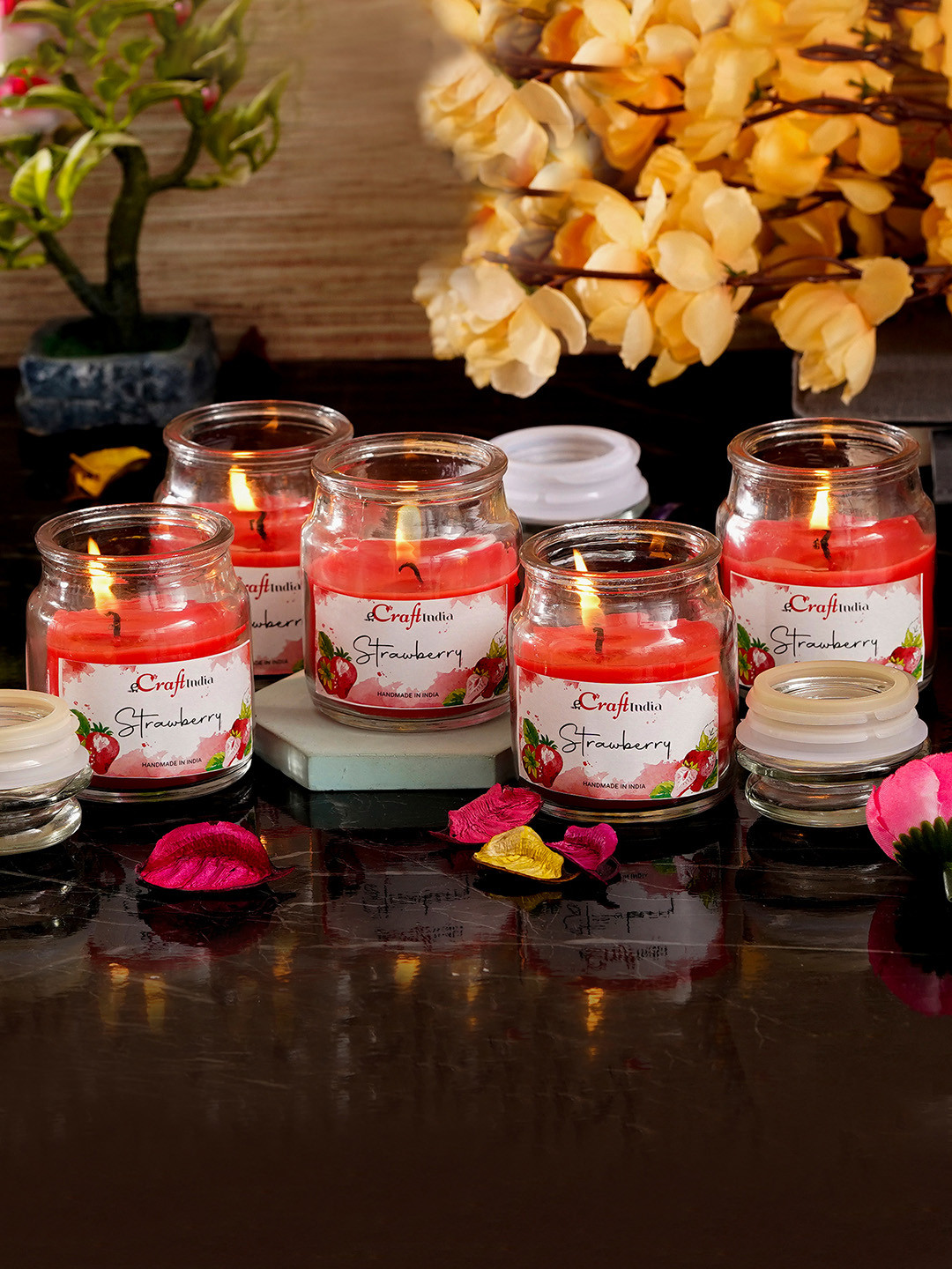 eCraftIndia 5Pcs Scented 1 Wick Strawberry Solid Geometric Regular Jar Candles