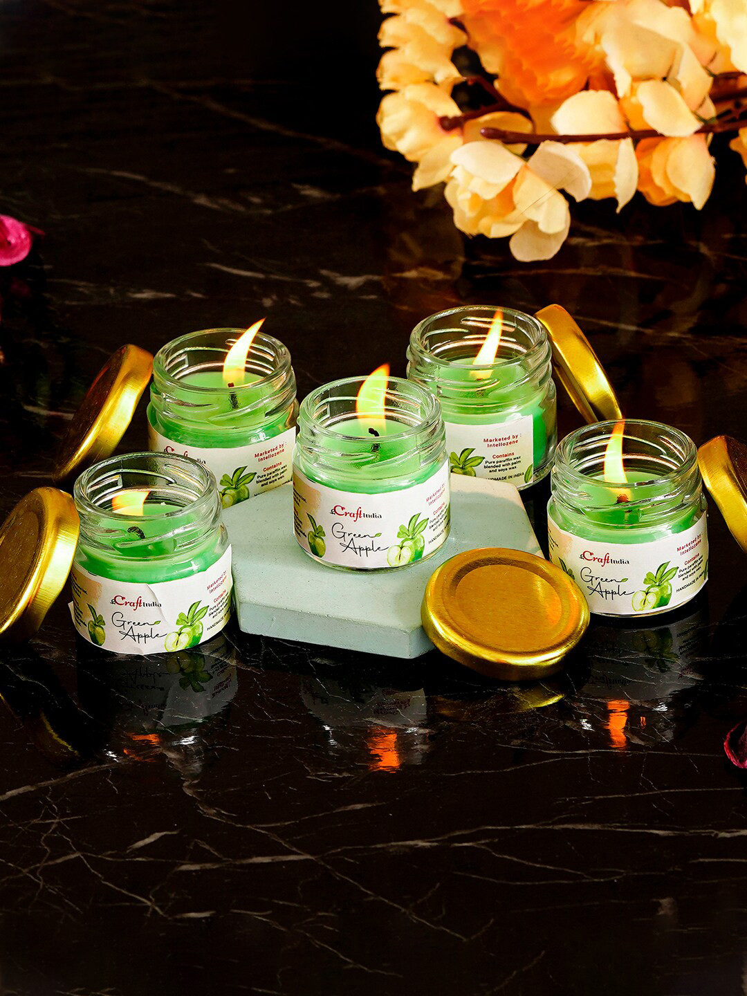 eCraftIndia 5Pcs Scented 1 Wick Green Apple Solid Geometric Regular Jar Candles