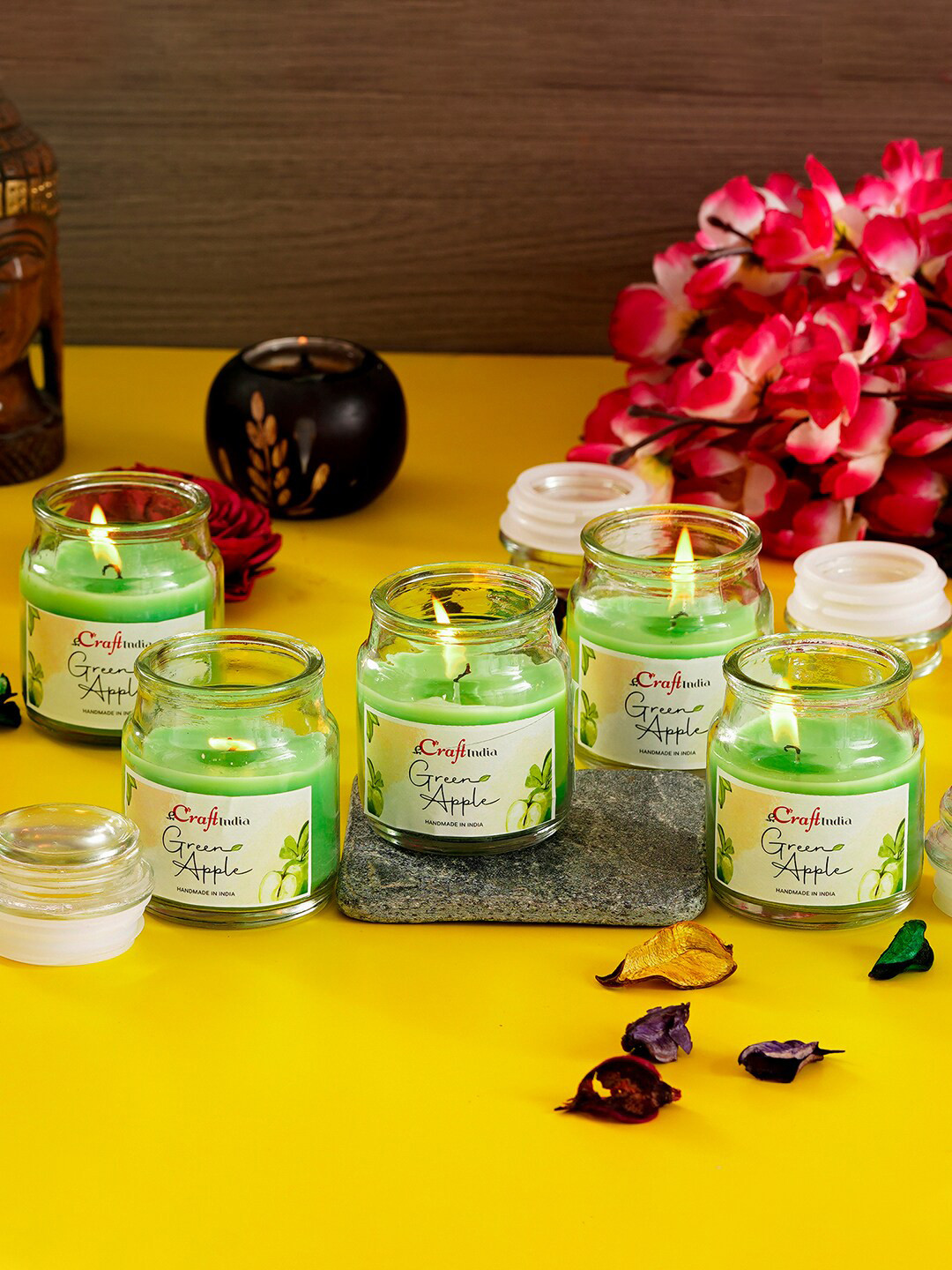 eCraftIndia 5Pcs Scented 1 Wick Green Apple Solid Geometric Regular Jar Candles