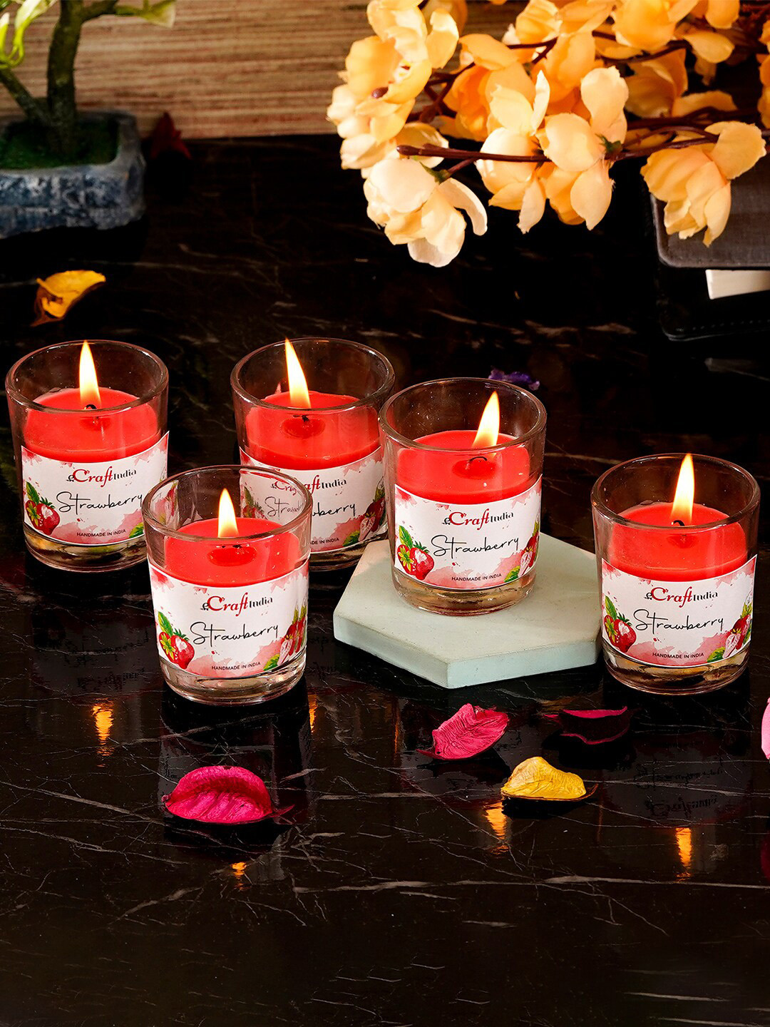 eCraftIndia 5Pcs Scented 1 Wick Strawberry Solid Geometric Regular Jar Candles