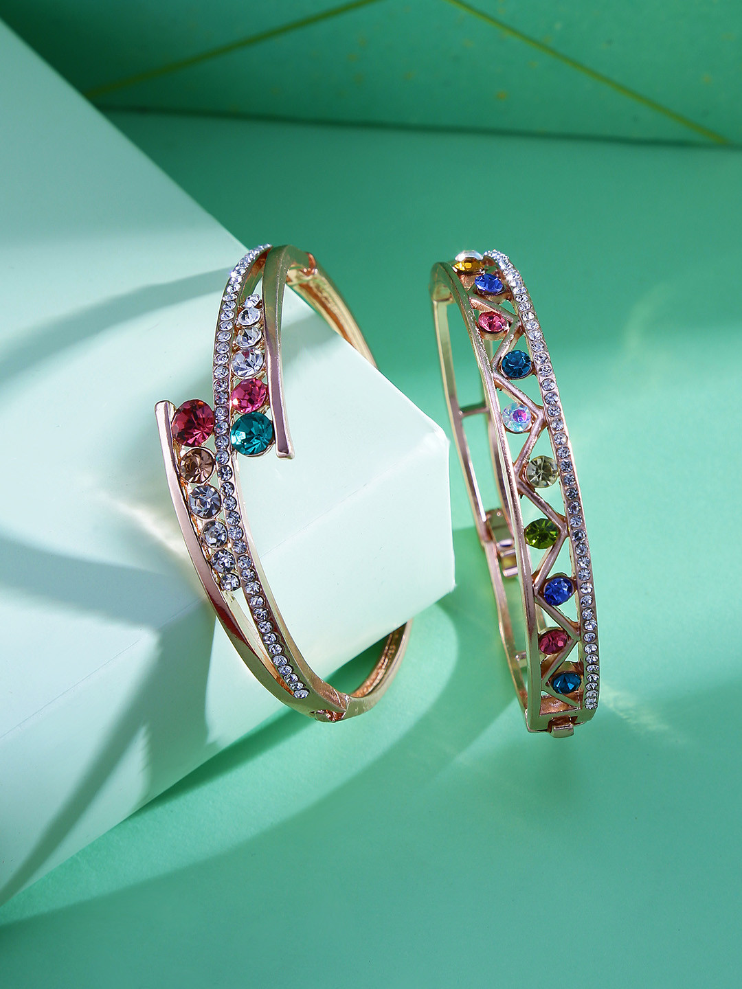 Yellow Chimes Women Set of 2 Multicoloured Rose Gold -Toned Zircon Bangle Style Bracelet