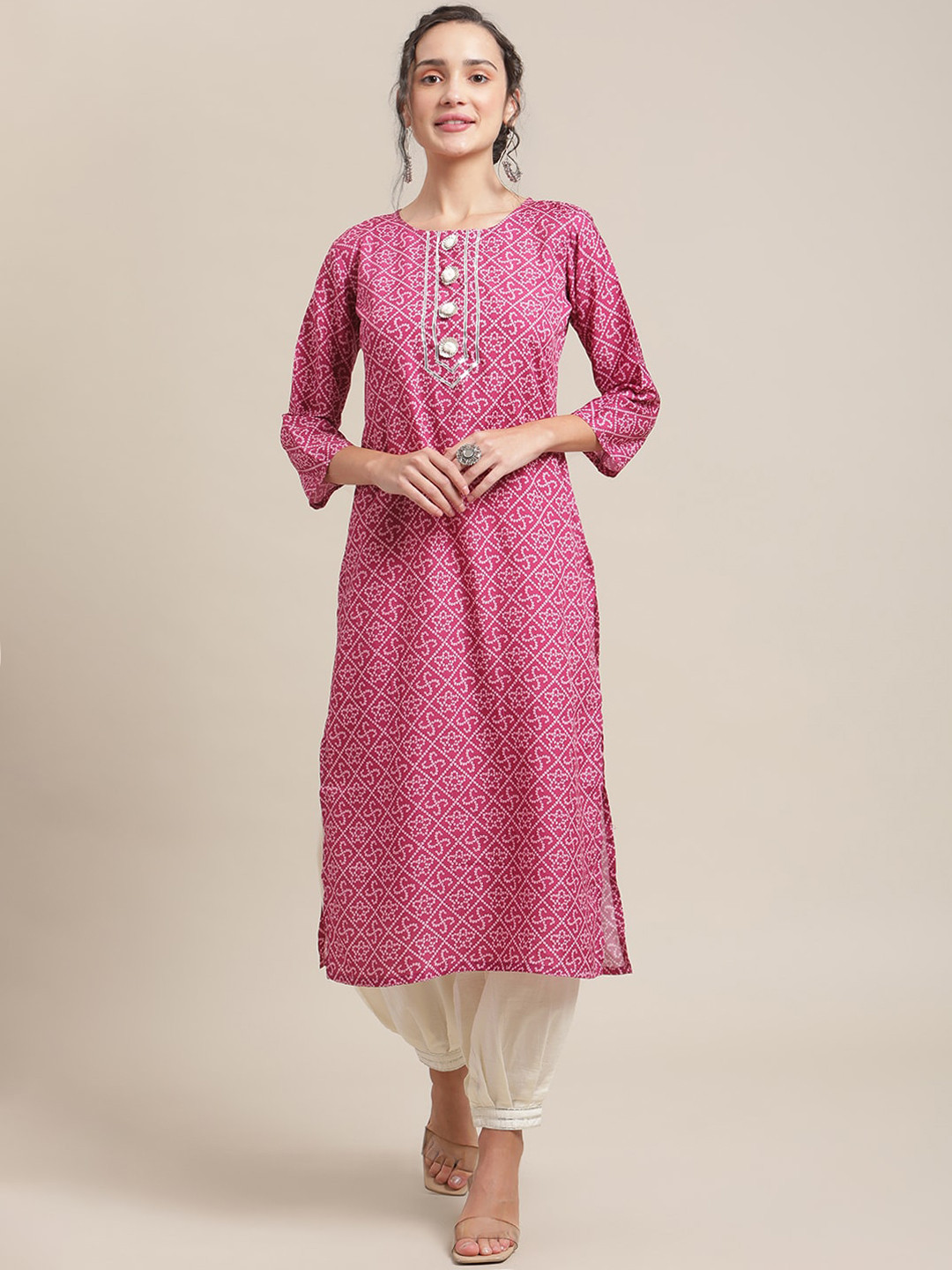 KSUT Women Pink & White Ethnic Motifs Printed Crepe Kurta