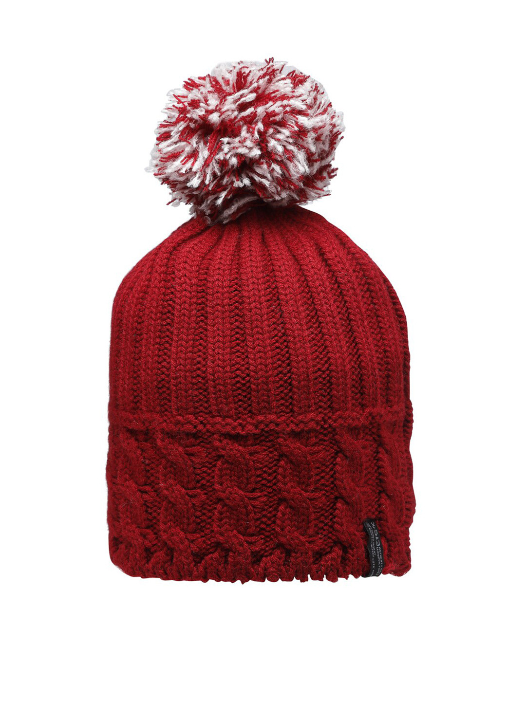 513 Women Red Self Design Beanie With Pom Pom