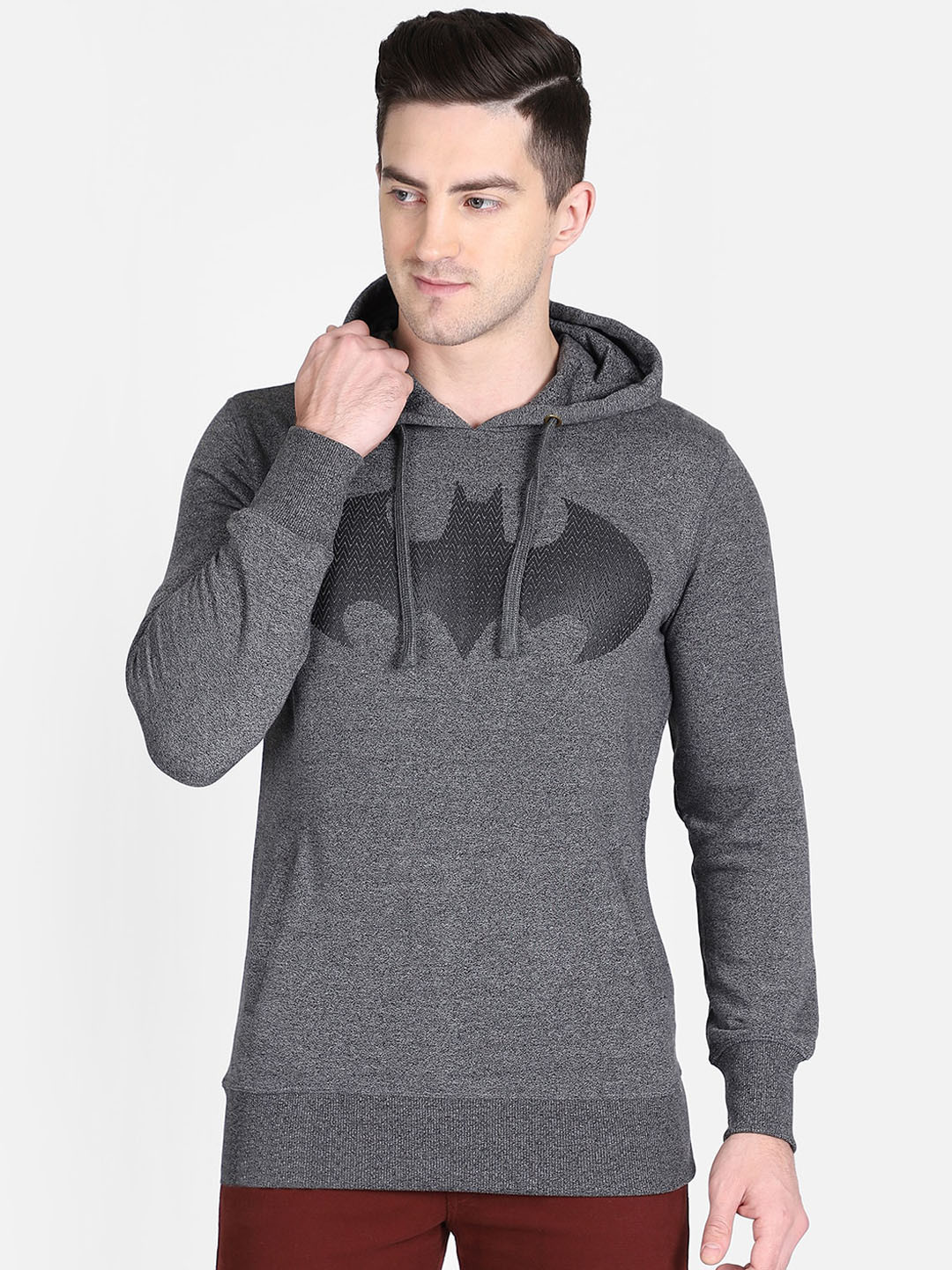 Free Authority Men Grey Batman Printed Hooded Cotton Sweatshirt