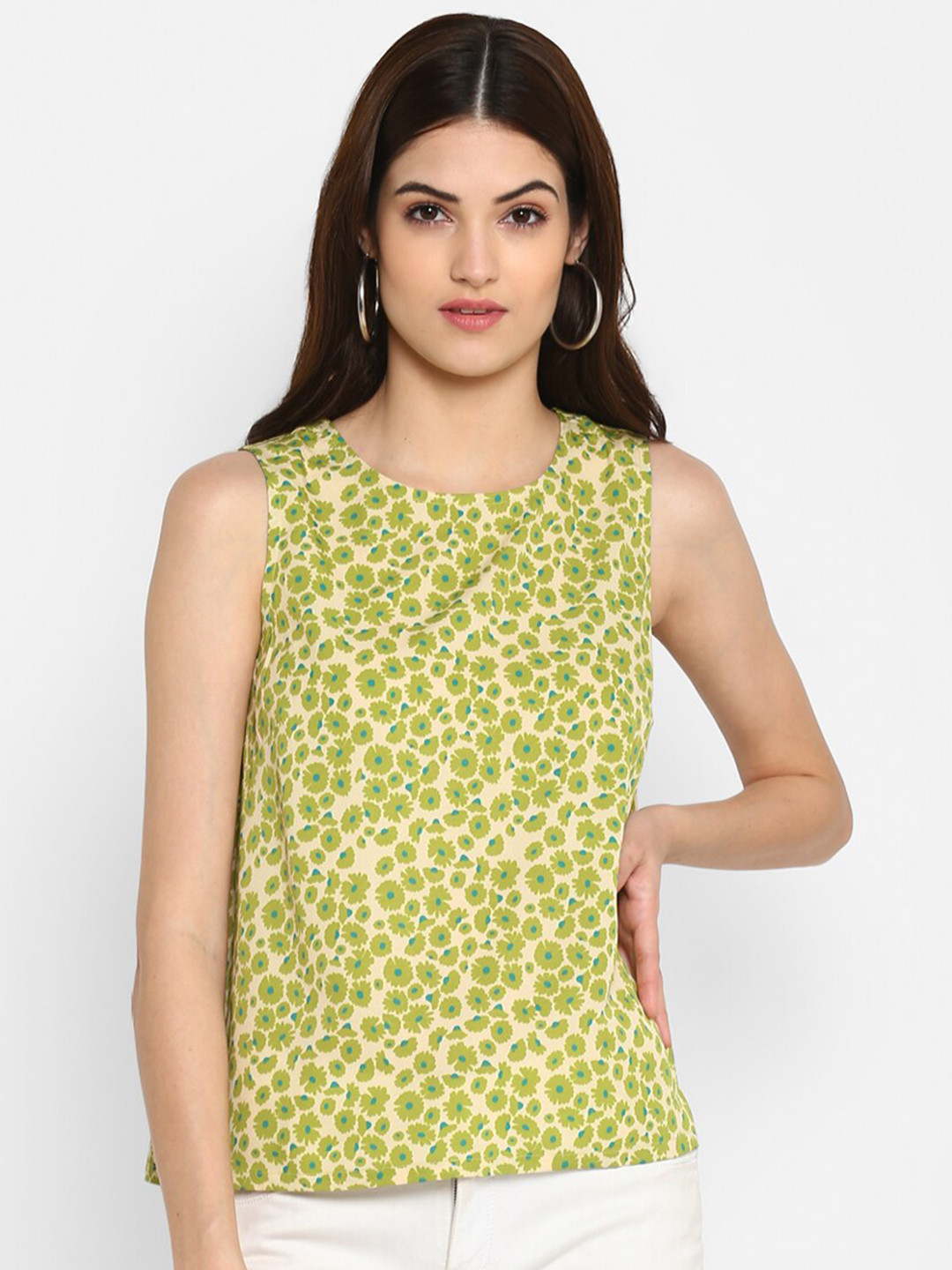 DEEBACO Beige & Green Ditsy Print Sleeveless Top