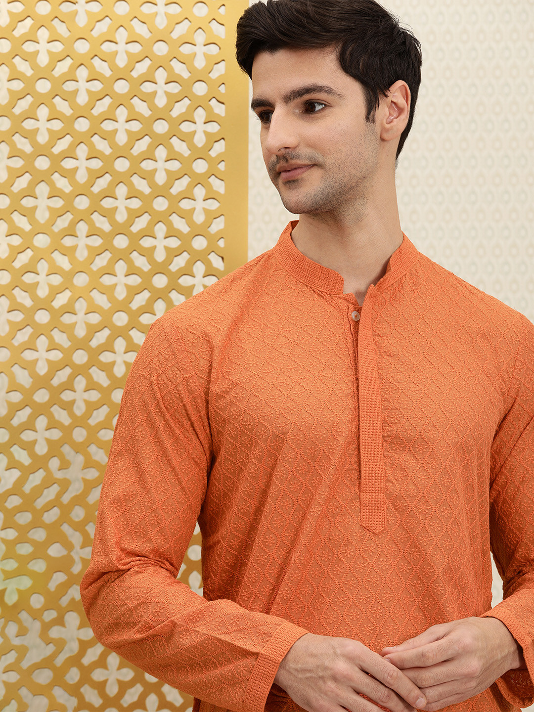 House of Pataudi Men Orange Jashn Chikankari Embroidered Kurta