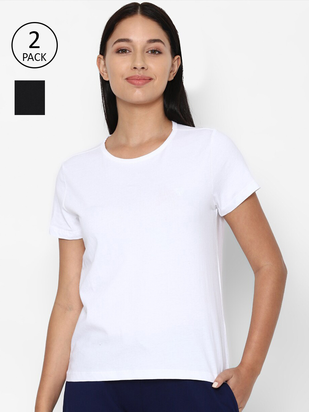 Allen Solly Woman Pack Of 2 White  Black Pure Cotton T-shirt