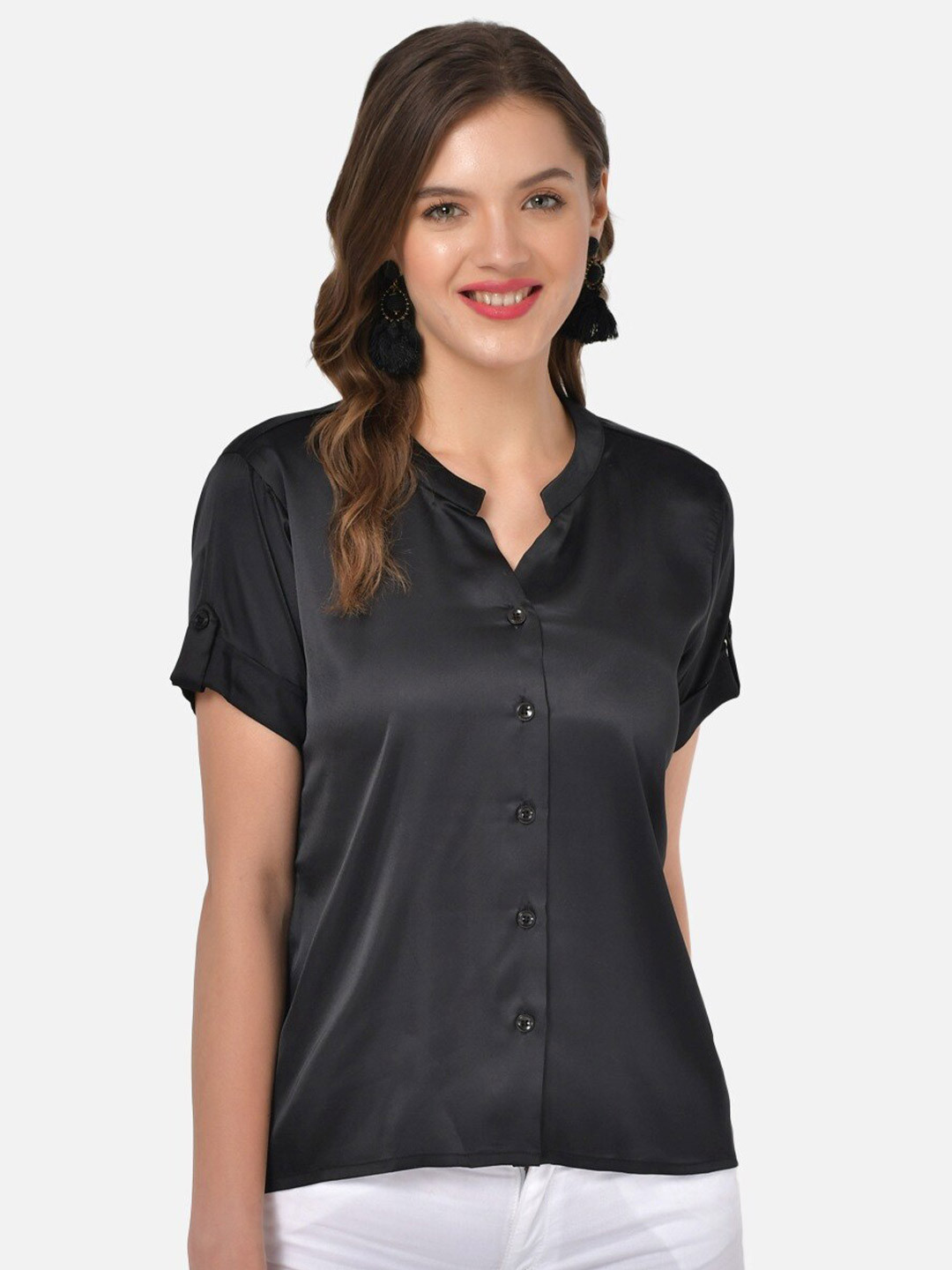 Klamotten Black Solid Satin Shirt Style Top