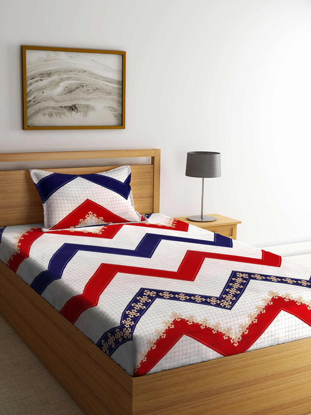 Arrabi Beige Chevron Cotton Skin-Friendly 300 TC Single Fine Bedsheet with a Pillow Cover-87 x 59 inches